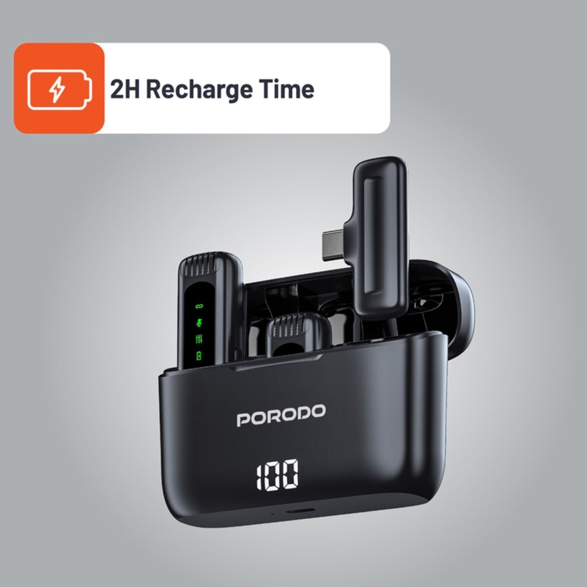 Porodo Lavalier Double Microphone with Charging Case, 4 Hours Working Time, 1 Hour Microphones Recharge Time, 300mAh Case Battery Capacity - Black