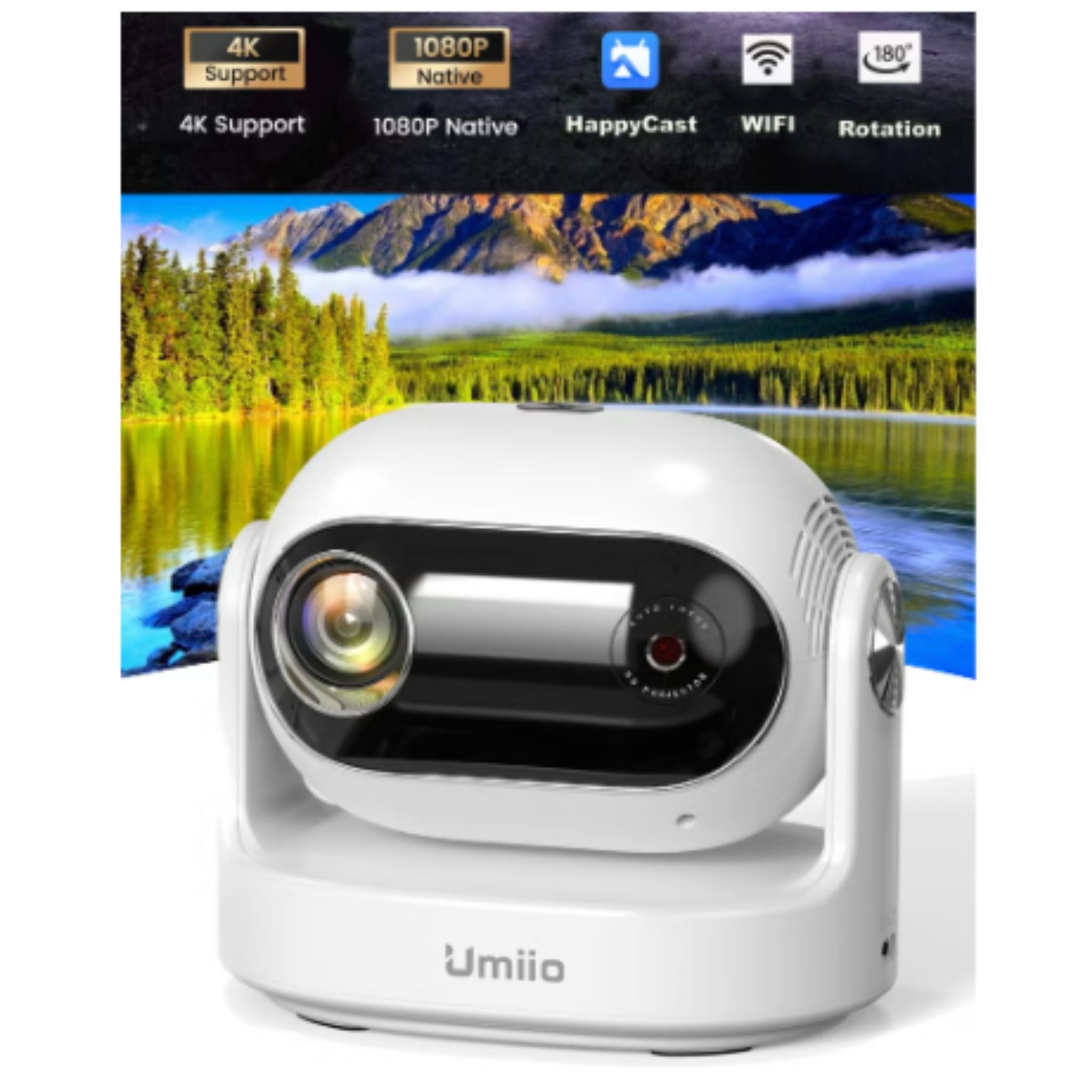 Umiio U30 Super Smart Premium Projector 1080P Full HD, 4K Supported 180° Adjustable Lens, WiFi 6 & Bluetooth, Portable LED Projector for Home Theater & Outdoor Use, HDMI/USB/Audio, Remote Control