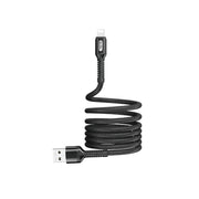 Black USB cable with spiral design on a white background