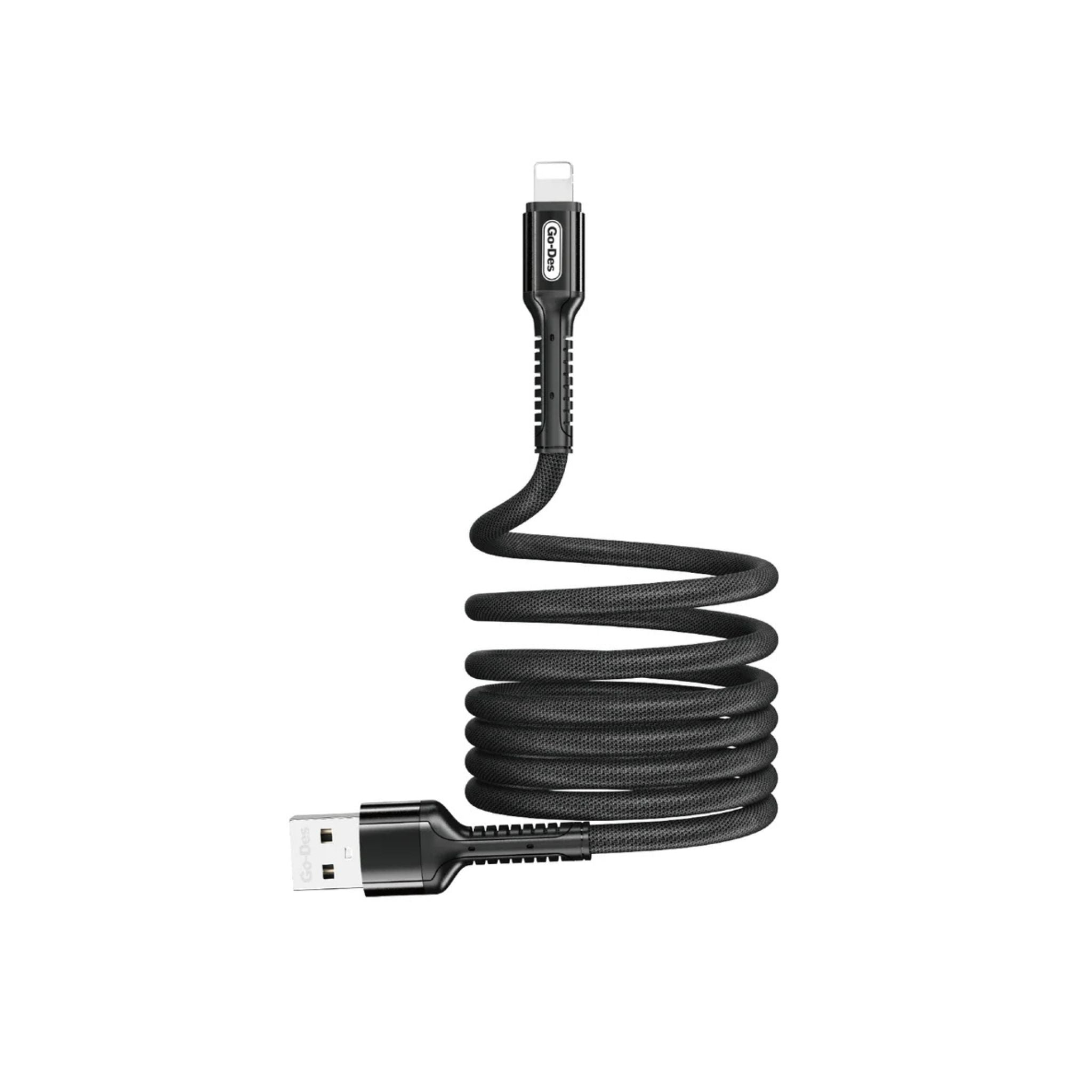 Black USB cable with spiral design on a white background