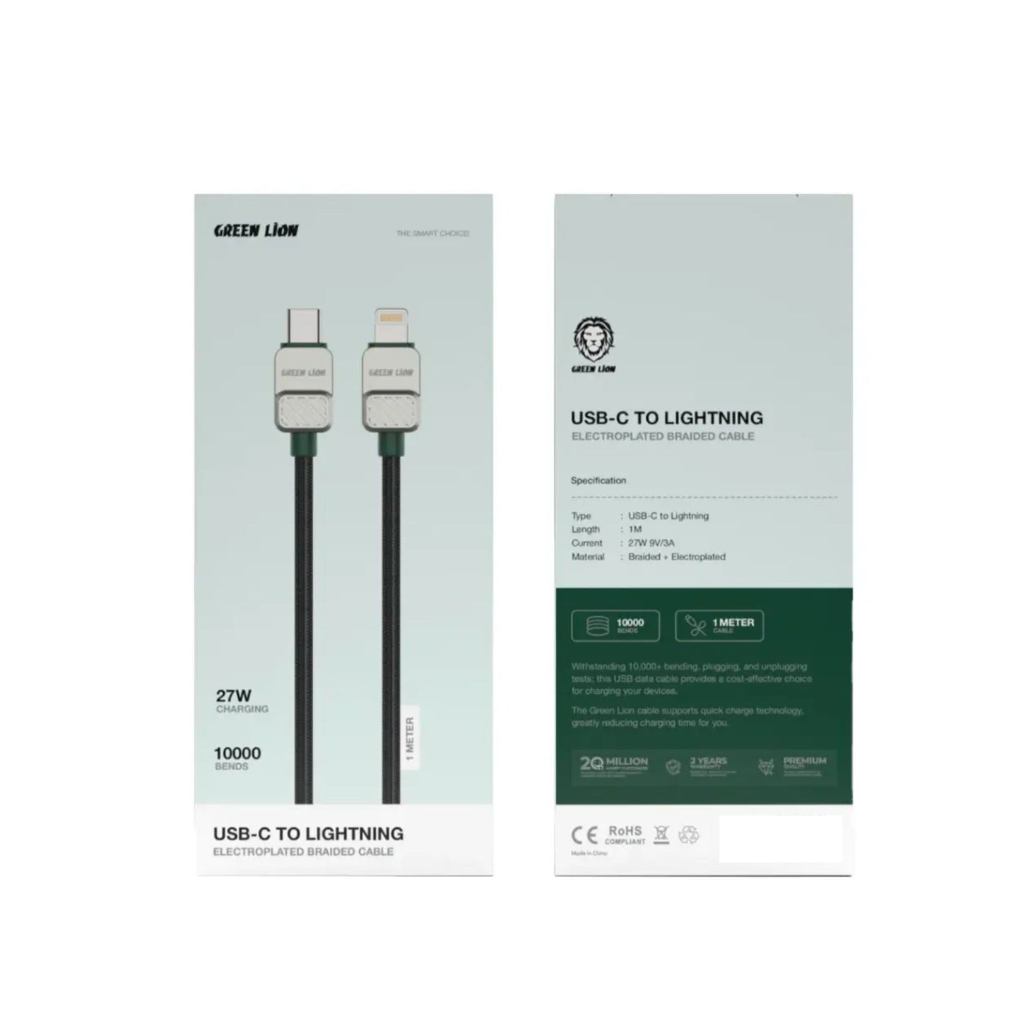 Green Lion USB C to Lightning Electroplated Braided Cable 1m 27W - Black+Green