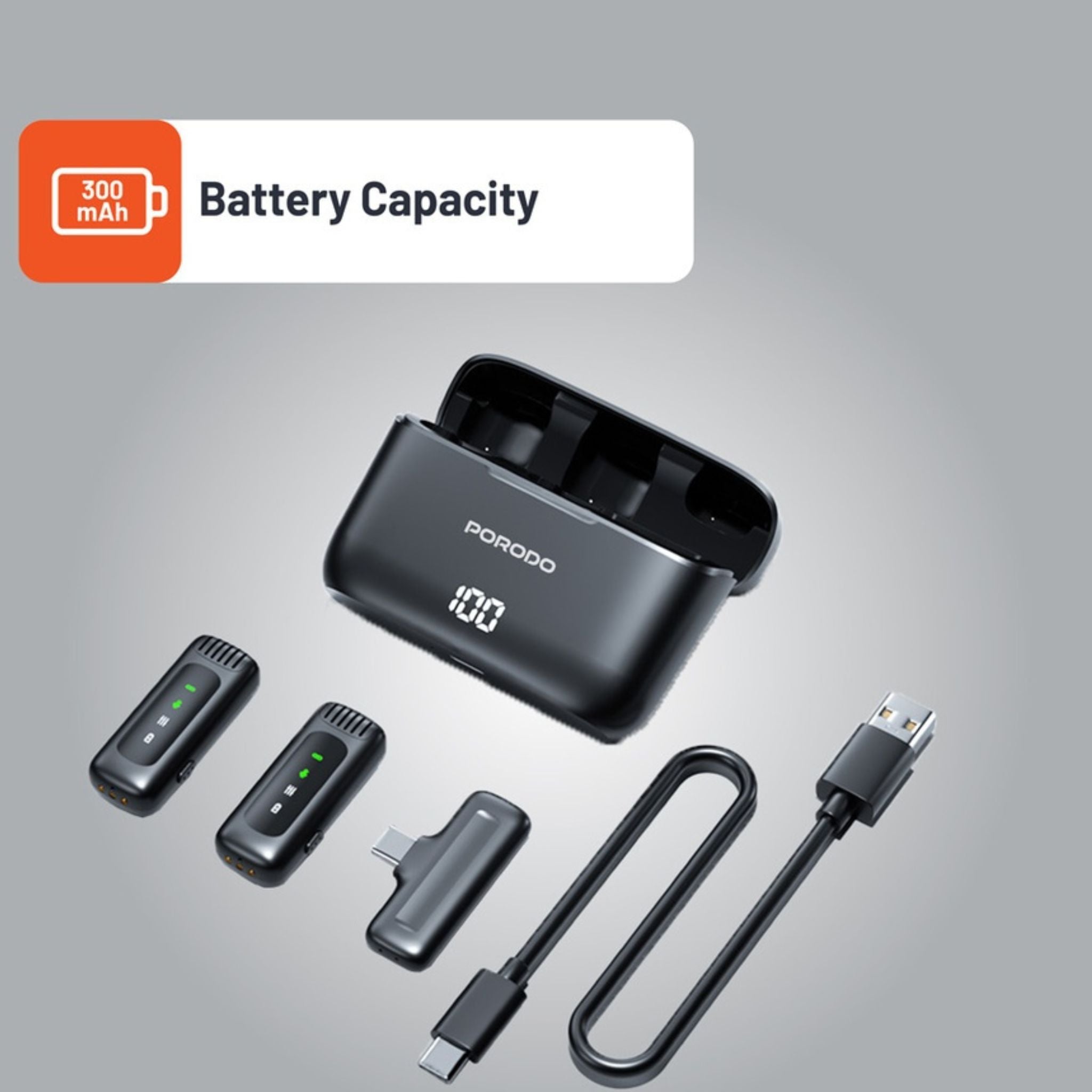 Porodo Lavalier Double Microphone with Charging Case, 4 Hours Working Time, 1 Hour Microphones Recharge Time, 300mAh Case Battery Capacity - Black