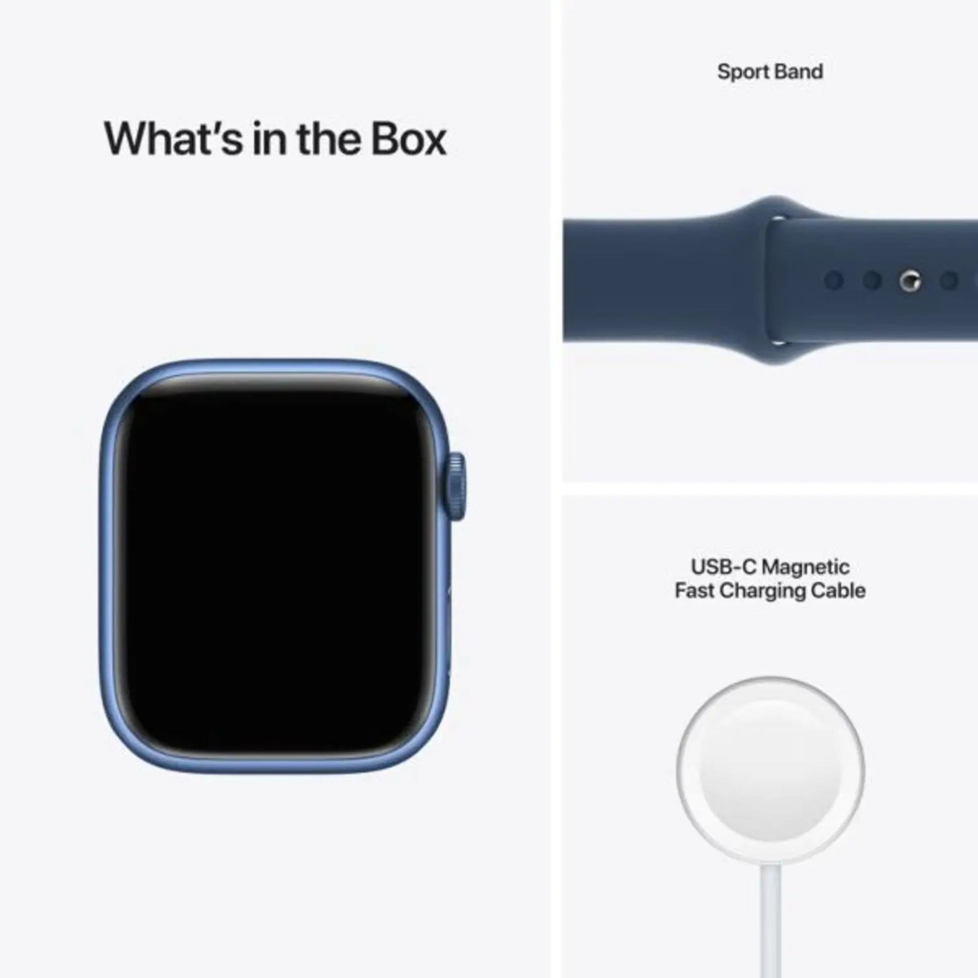 Product packaging list with smartwatch, sports band, and USB-C cable on a white background