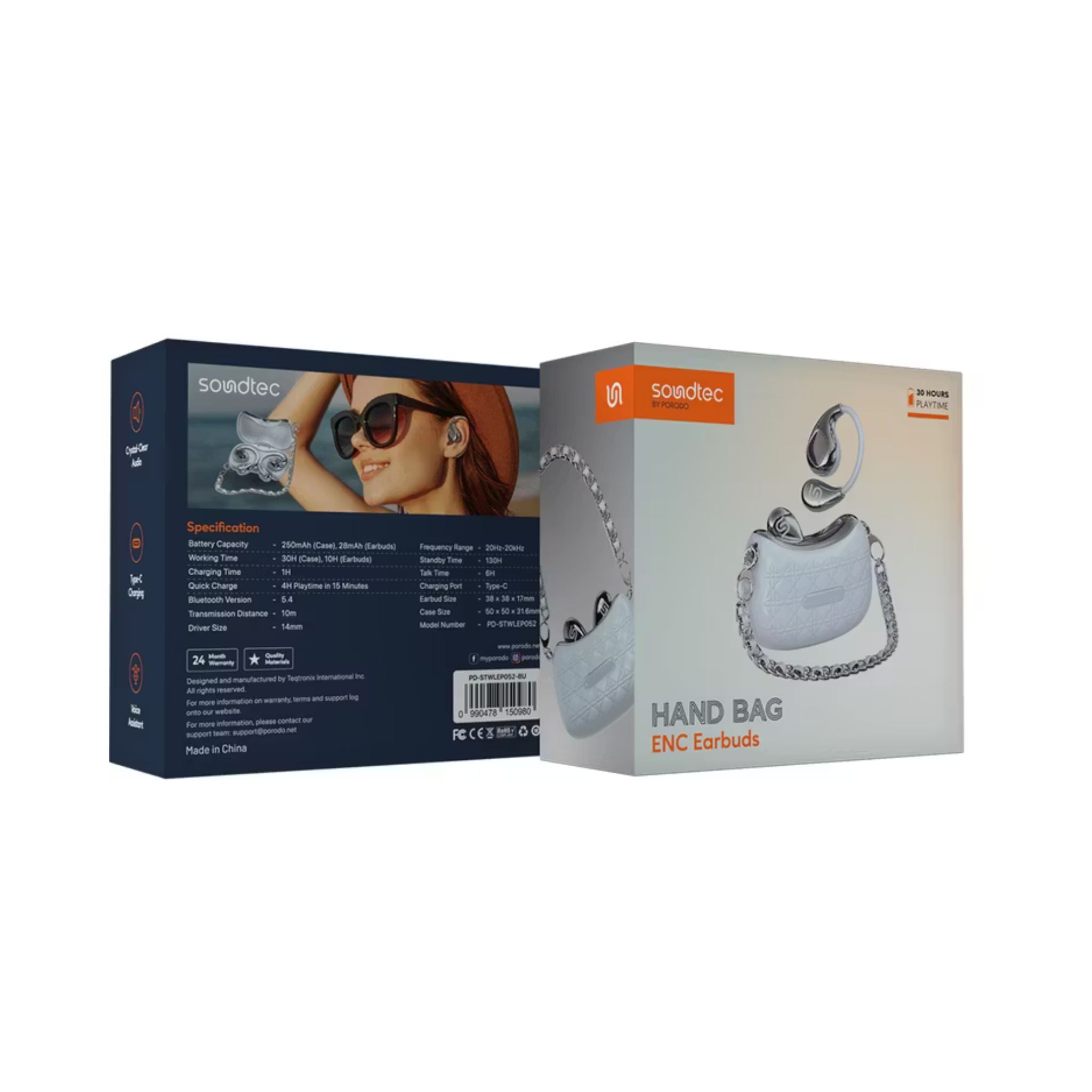 Porodo Soundtec Hand Bag ENC Earbuds with Voice Assistant, Up to 30 Hours Play Time, Fast Charge, 10m Transmission Distance, Up to 6 Hours Talk Time, Crystal-Clear Audio, Type-C Charging Port, 130 Hours Standby Time, 14mm Driver Size