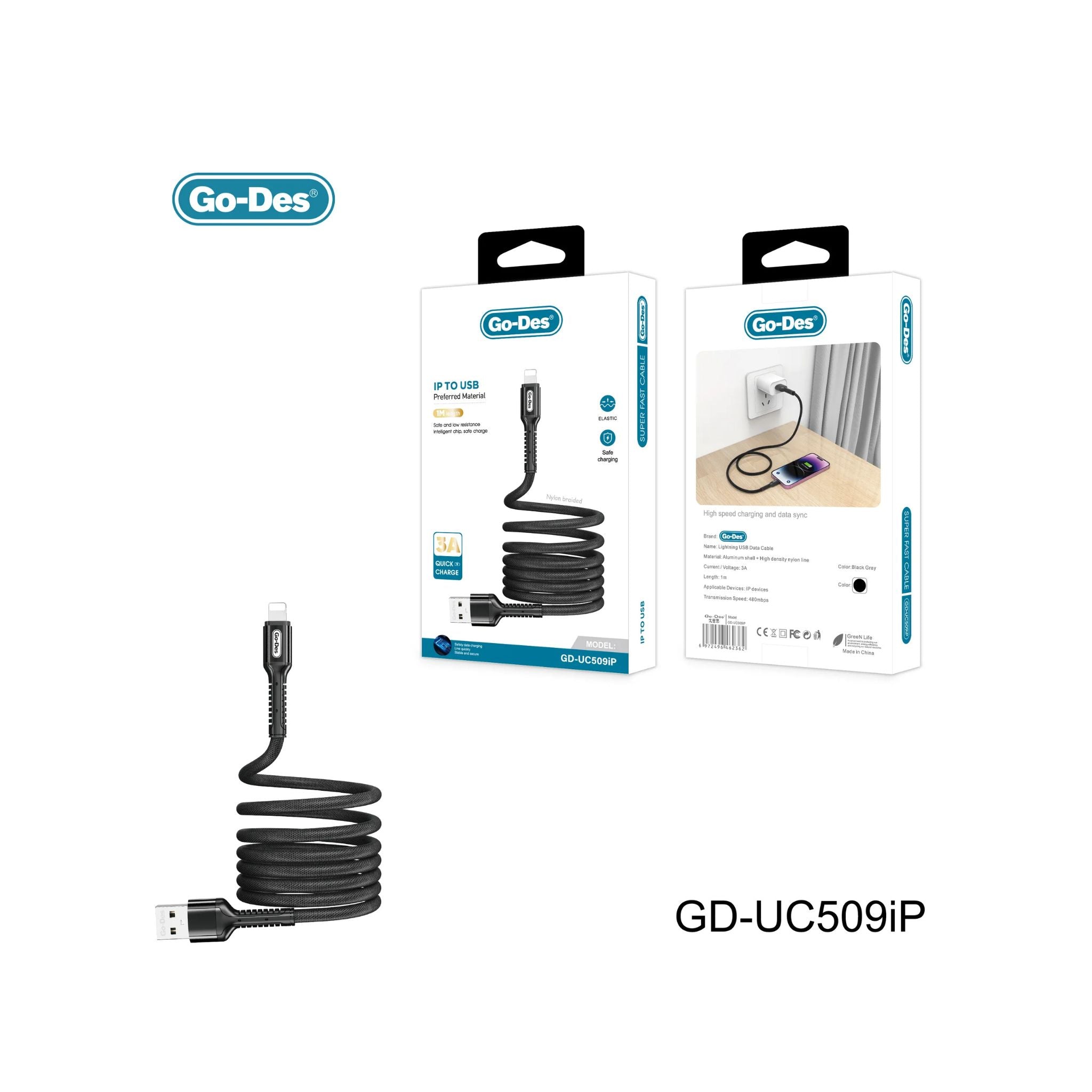 Go-Des Charging Cable Nylon Braided 3A Fast Charger for iPhone Type-C Micro USB Devices