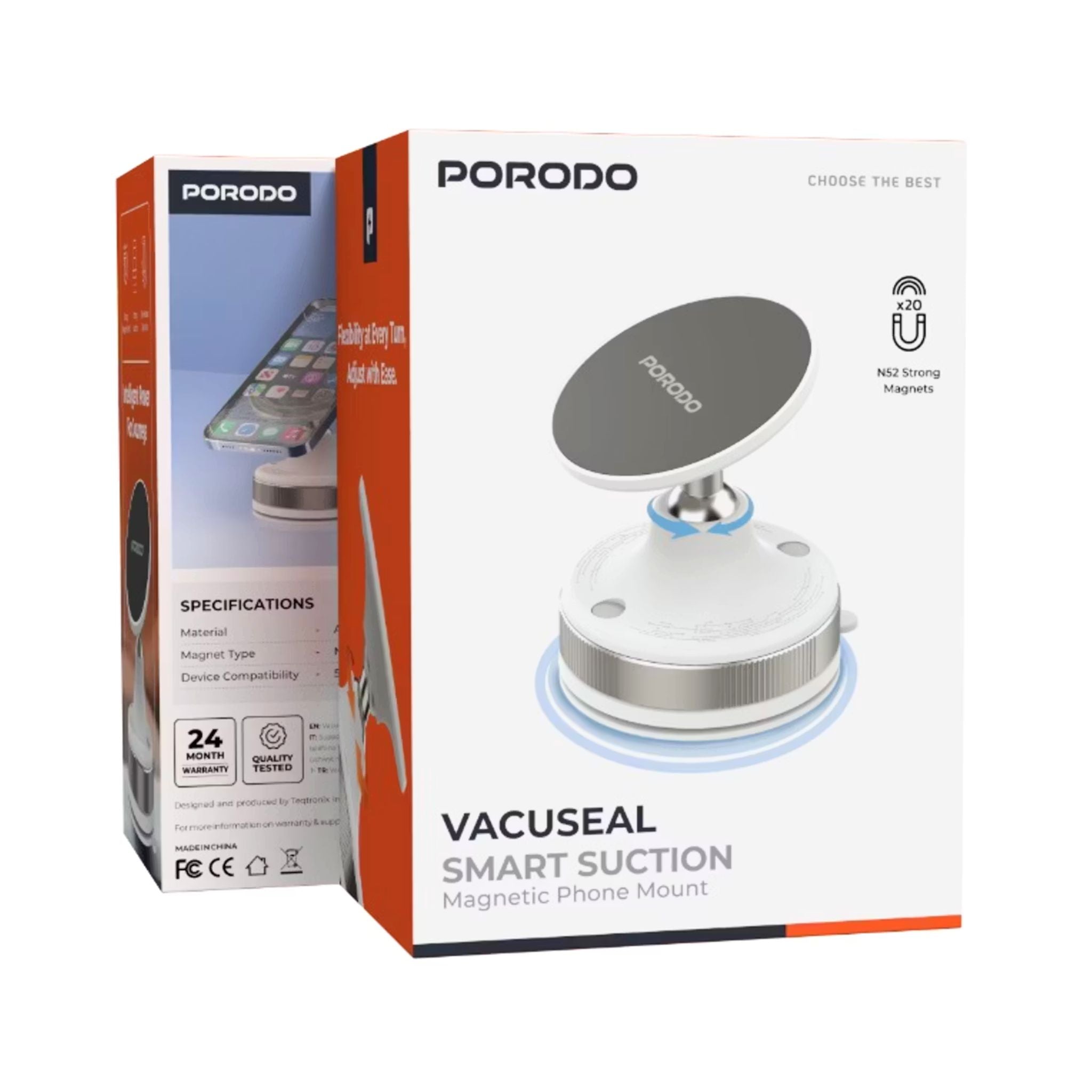 Porodo Vacuseal Smart Suction Magnetic Phone Mount with Adjustable Viewing Angle, N52 Magnets, 5.5" to 6.9" Device Compatibility, Strong Suction - White