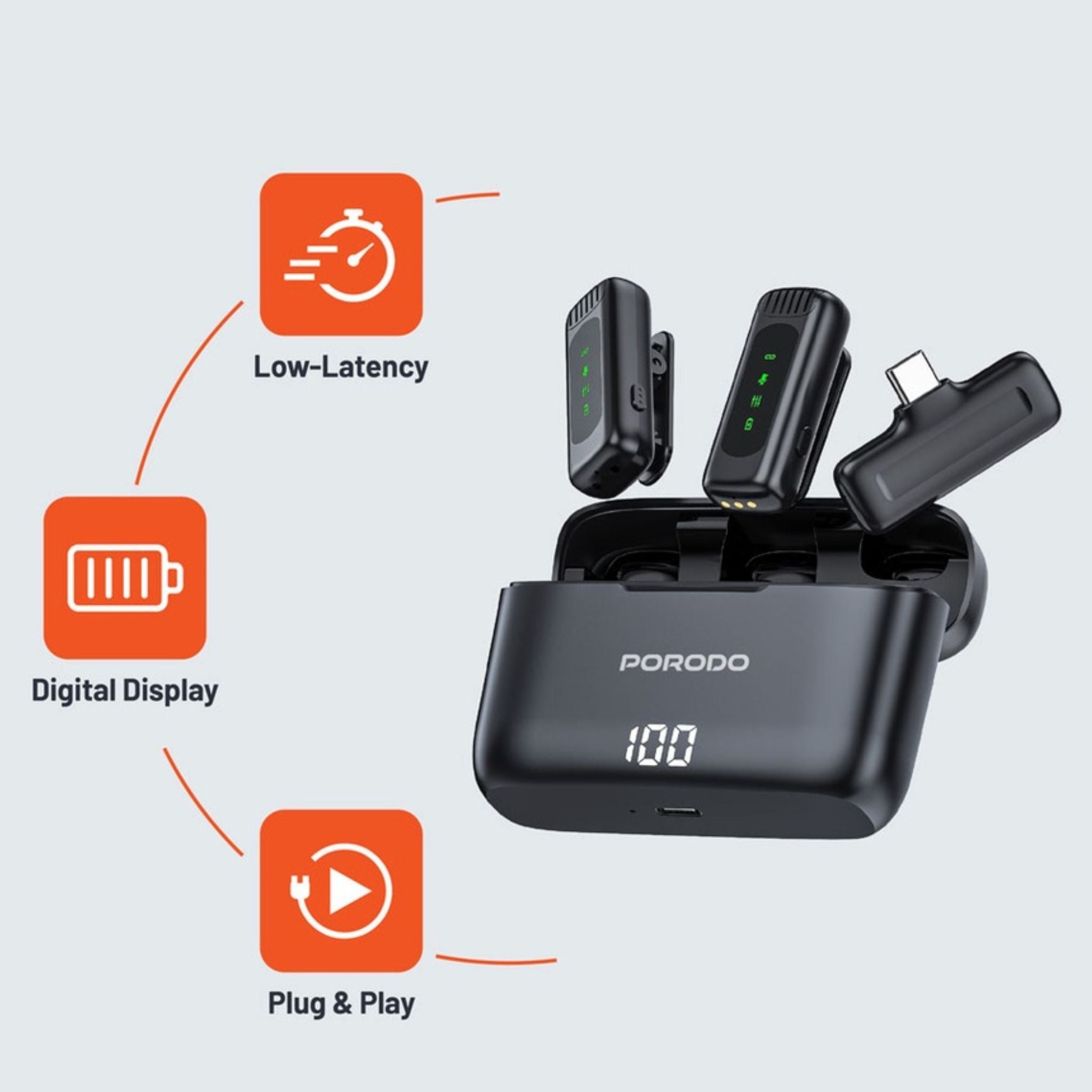 Porodo Lavalier Double Microphone with Charging Case, 4 Hours Working Time, 1 Hour Microphones Recharge Time, 300mAh Case Battery Capacity - Black