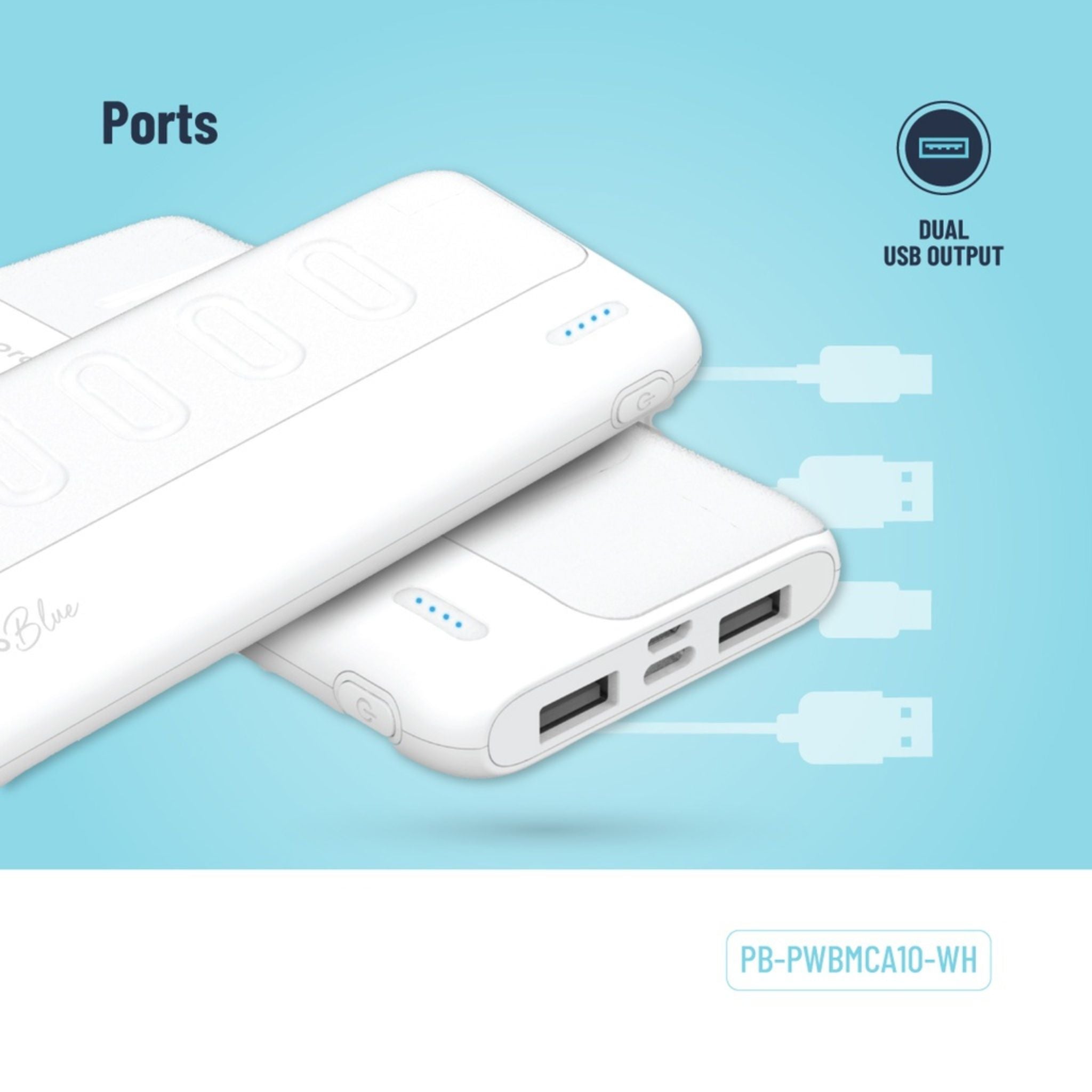 Porodo Blue 10000mAh Slim Power Bank with Dual USB-A Output, Lightweight & Compact Design, Type-C Input, LED Indicator - White