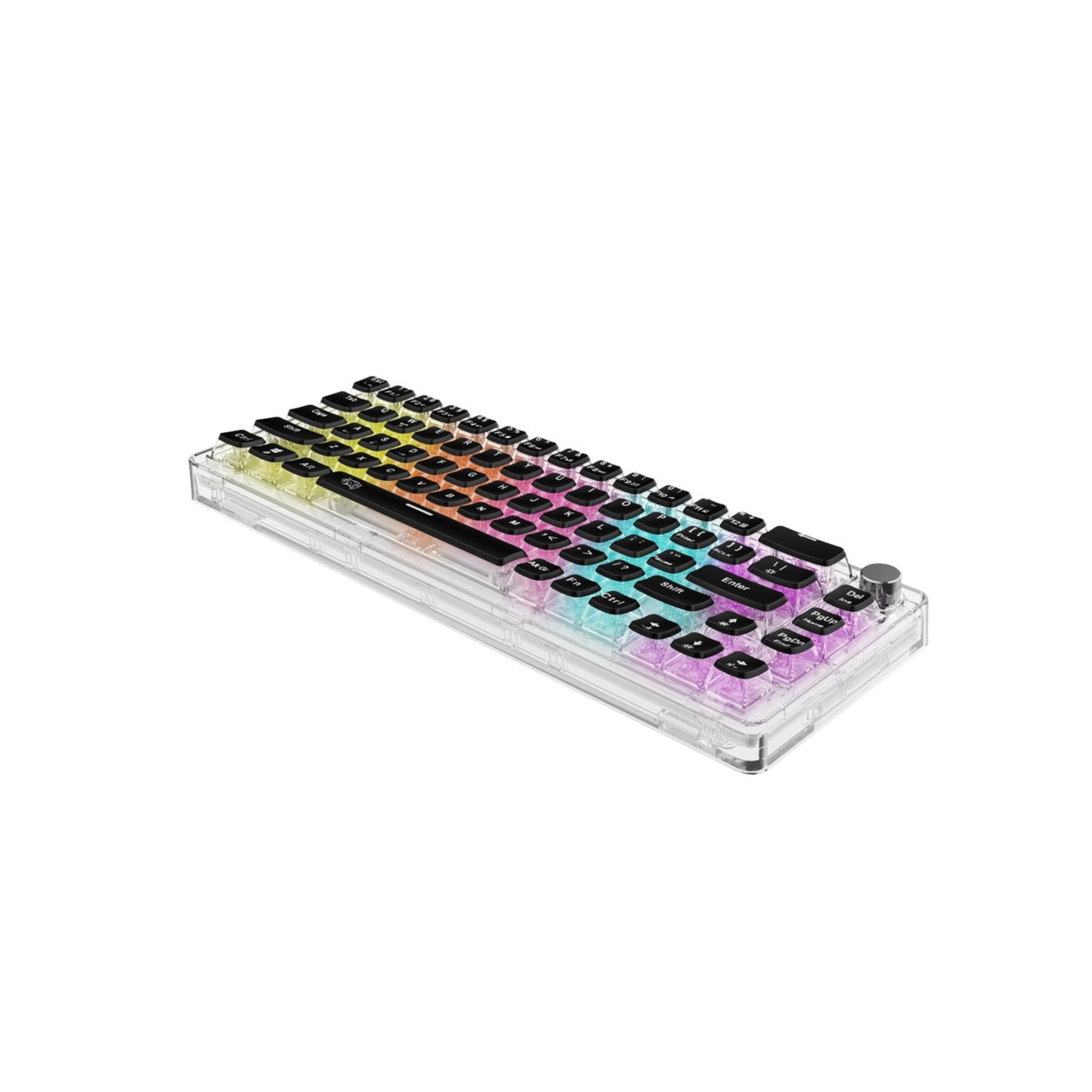 A transparent mechanical keyboard with multicolored pudding keycaps and a rotary knob, featuring a 67-key layout in English and Arabic.