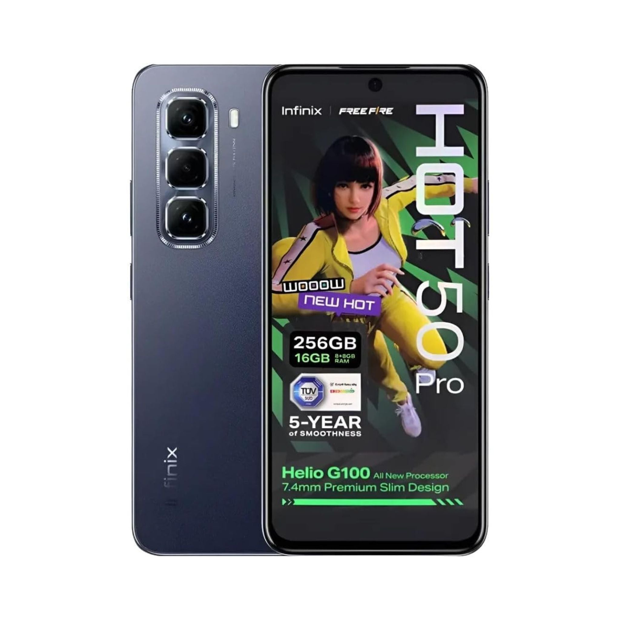 Infinix Hot 50 Pro smartphone with promotional graphics on a white background