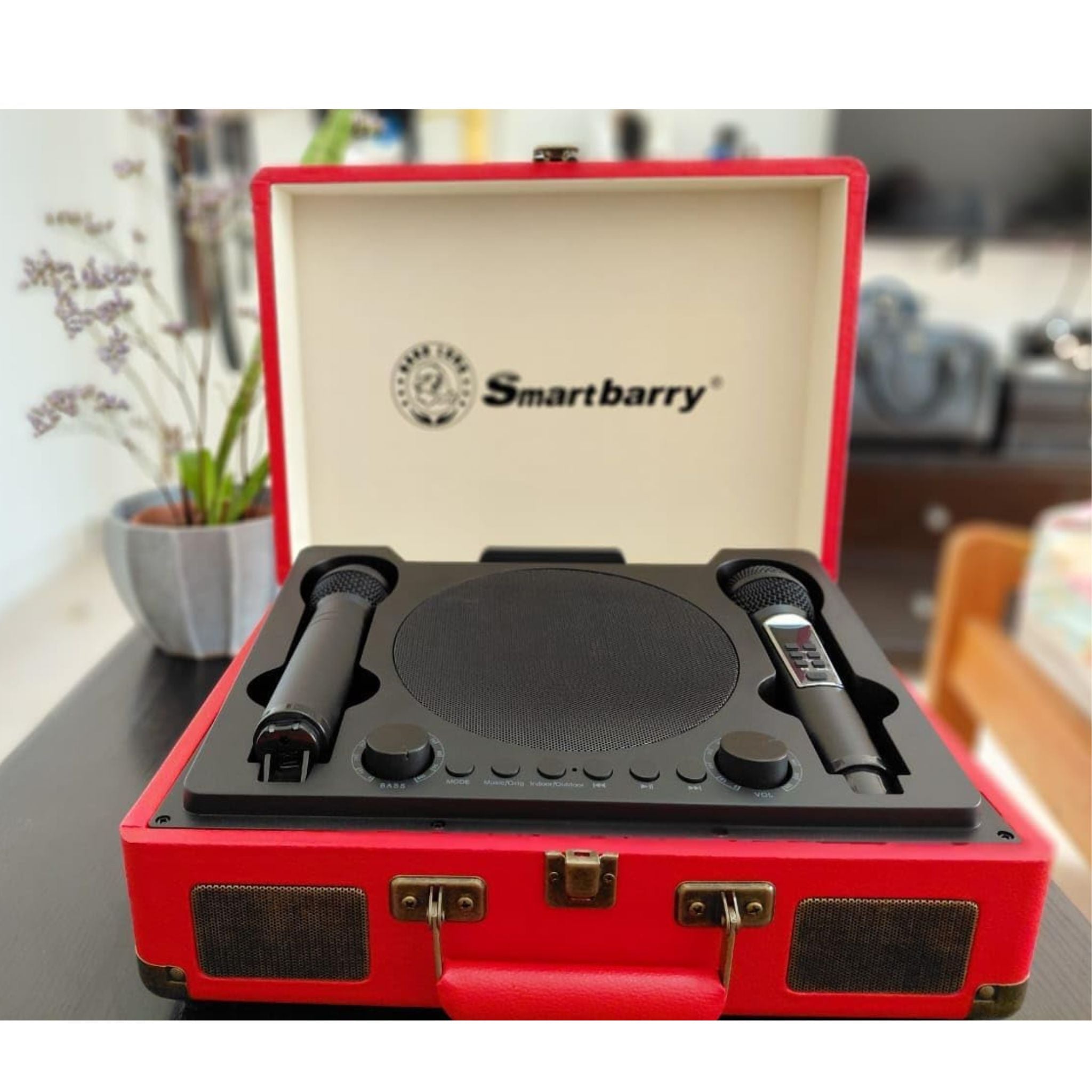 SmartBarry Portable Karaoke Bluetooth Unique SuitCase Speaker with 2 dual Microphones with Karaoke Family/Offering Indoor & Outdoor KTV ECO FRIENDLY & experience in different enviroment- Red