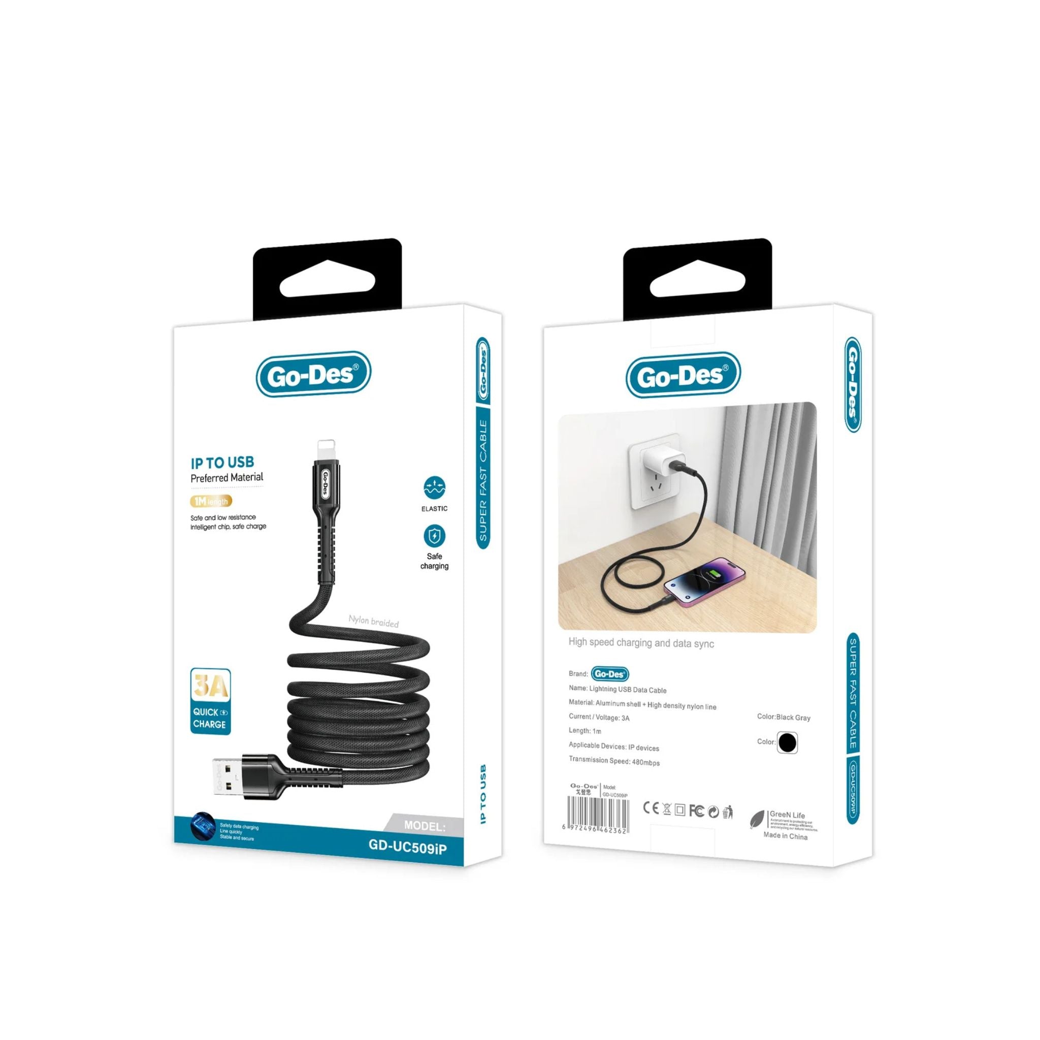 Go-Des Charging Cable Nylon Braided 3A Fast Charger for iPhone Type-C Micro USB Devices