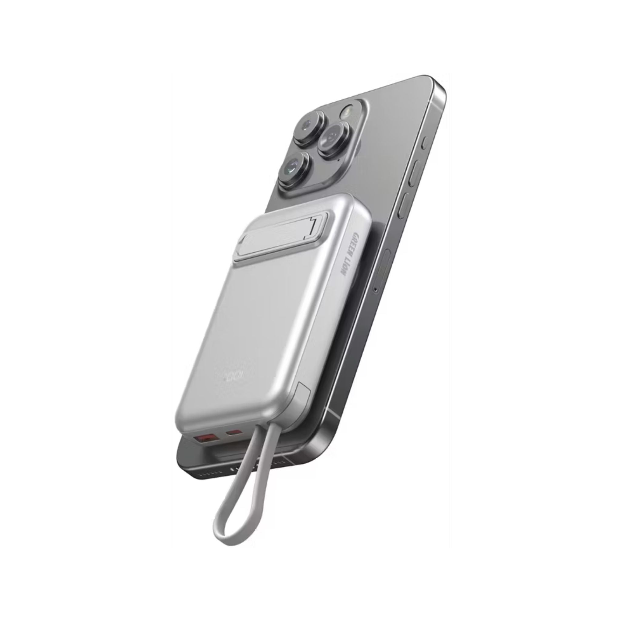 Green Lion DXB MagSafe 10000mAh Power Bank with Digital Display, Built-in Cables, 15W Wireless Fast Charging, Short Circuit Protection - Silver