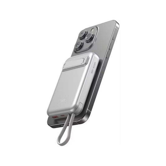 Green Lion DXB MagSafe 10000mAh Power Bank with Digital Display, Built-in Cables, 15W Wireless Fast Charging, Short Circuit Protection - Silver