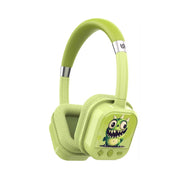 Green children's headphones with a cartoon character on a white background