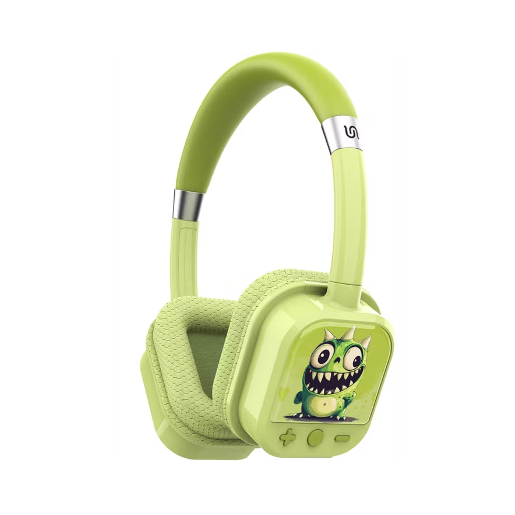 Green children's headphones with a cartoon character on a white background