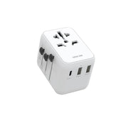 A white Green Lion 20W PD universal travel adapter with dual USB-A ports, featuring various international plug points and a carrying pouch.