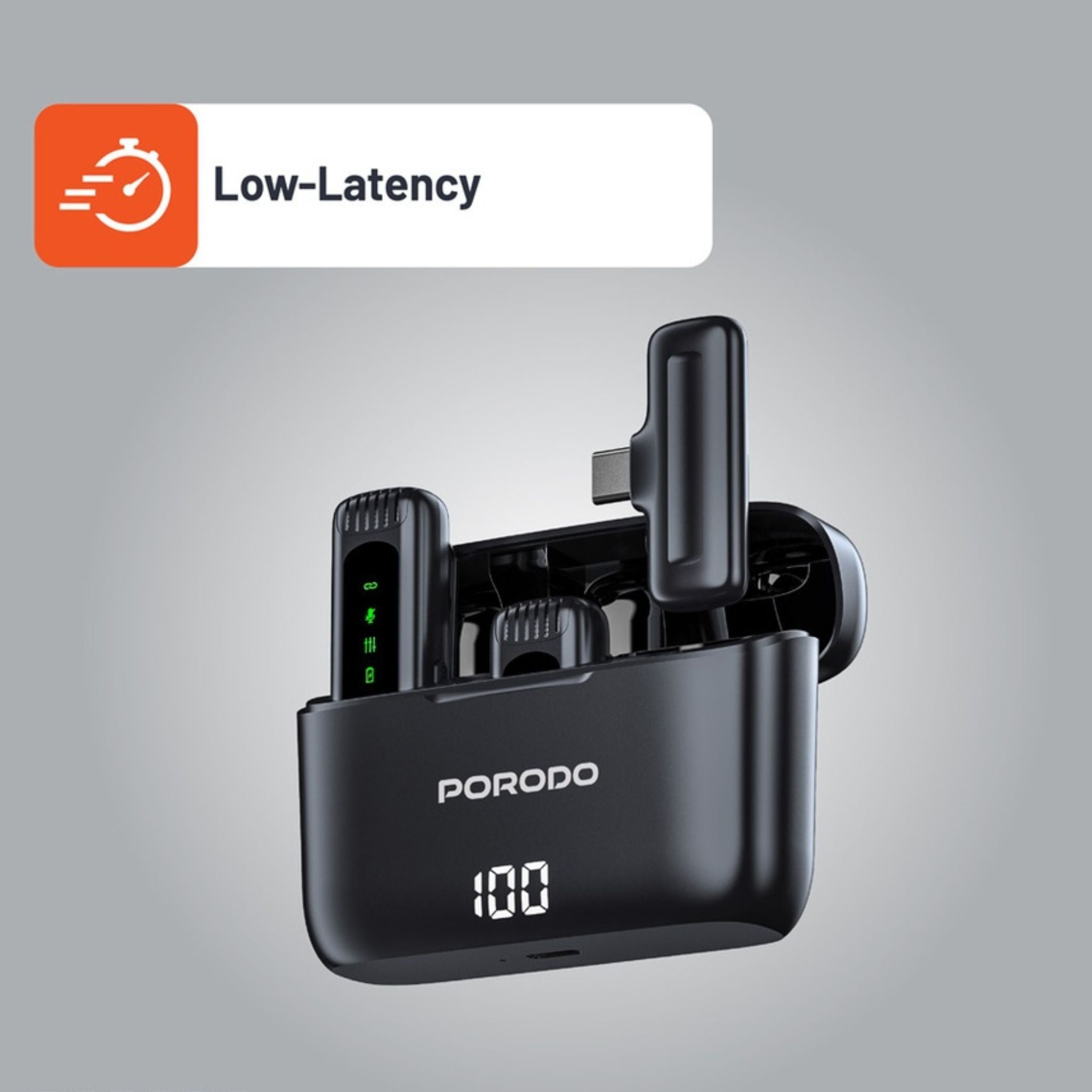 Porodo Lavalier Double Microphone with Charging Case, 4 Hours Working Time, 1 Hour Microphones Recharge Time, 300mAh Case Battery Capacity - Black
