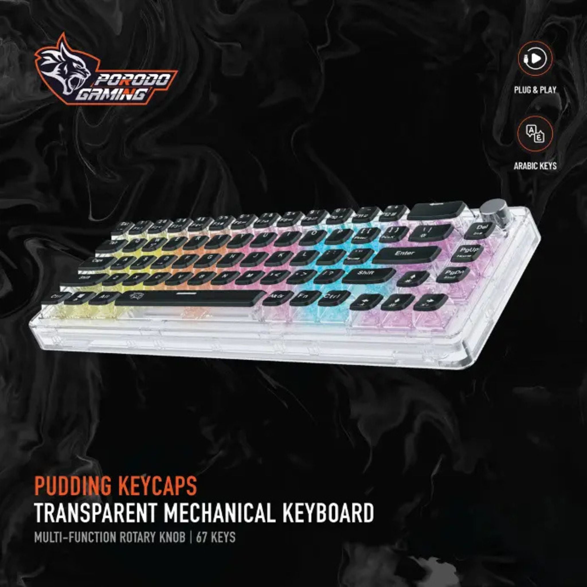 Porodo Gaming Pudding Keycaps Transparent Mechanical Keyboard Multi-Function Rotary Knob With 67 English + Arabic Keys, 50+ Million Clicks Lifespan, 1.5-Meter PVC USB - Transparent
