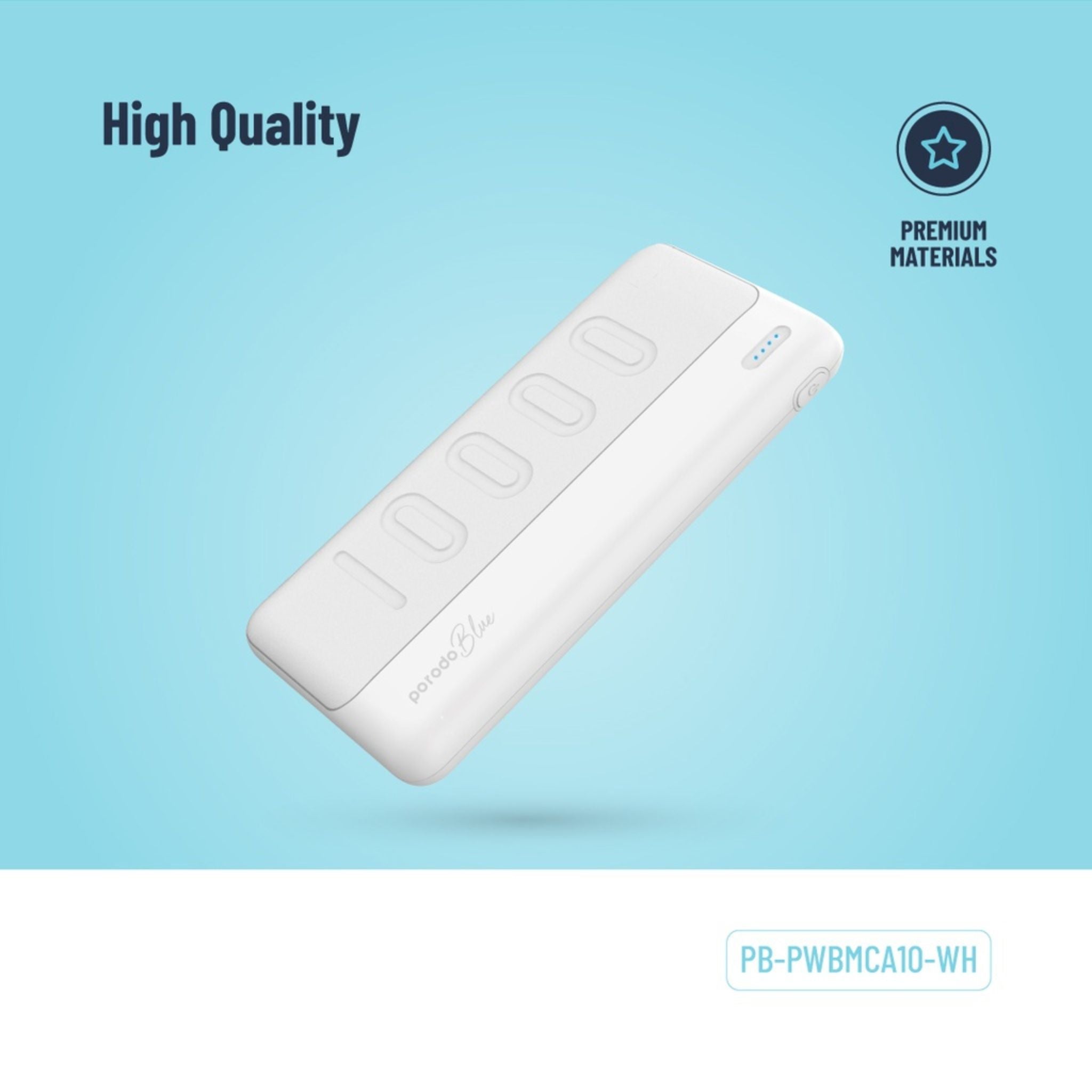 Porodo Blue 10000mAh Slim Power Bank with Dual USB-A Output, Lightweight & Compact Design, Type-C Input, LED Indicator - White