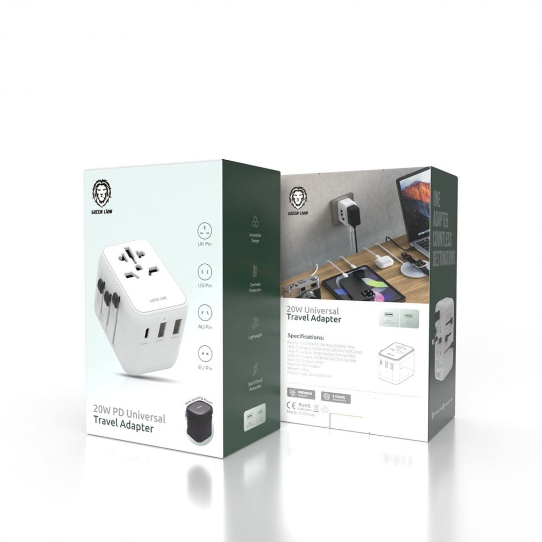 Green Lion 20W PD Universal Travel Adapter with Carrying Pouch, Dual USB-A Ports, US, AU, EU, & UK Plug Compatibility, Short-Circuit Protection & Overheat Protection - White