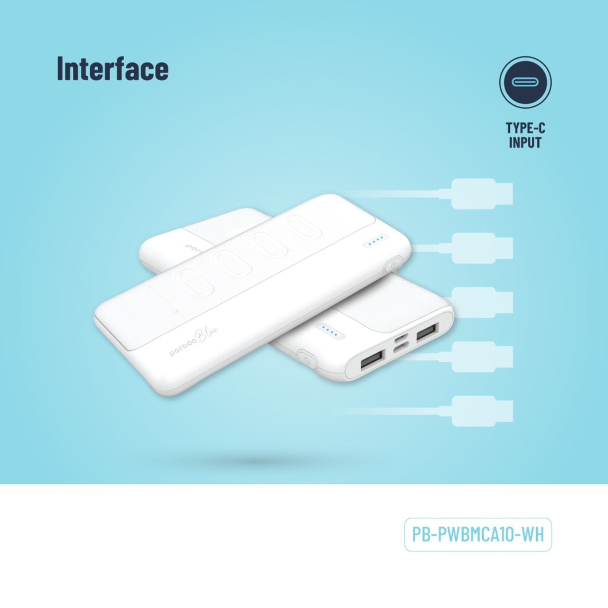 Porodo Blue 10000mAh Slim Power Bank with Dual USB-A Output, Lightweight & Compact Design, Type-C Input, LED Indicator - White