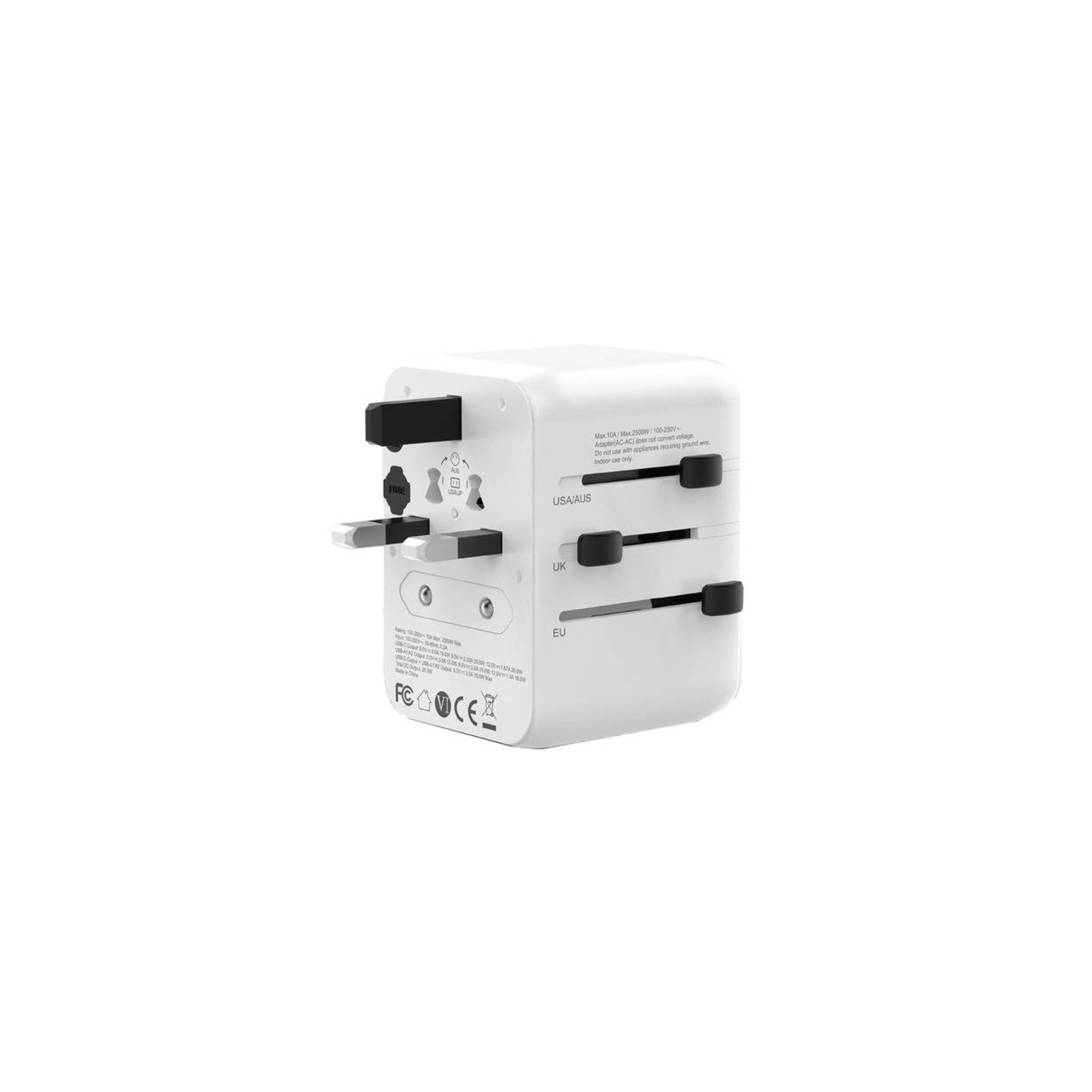 Green Lion 20W PD Universal Travel Adapter with Carrying Pouch, Dual USB-A Ports, US, AU, EU, & UK Plug Compatibility, Short-Circuit Protection & Overheat Protection - White