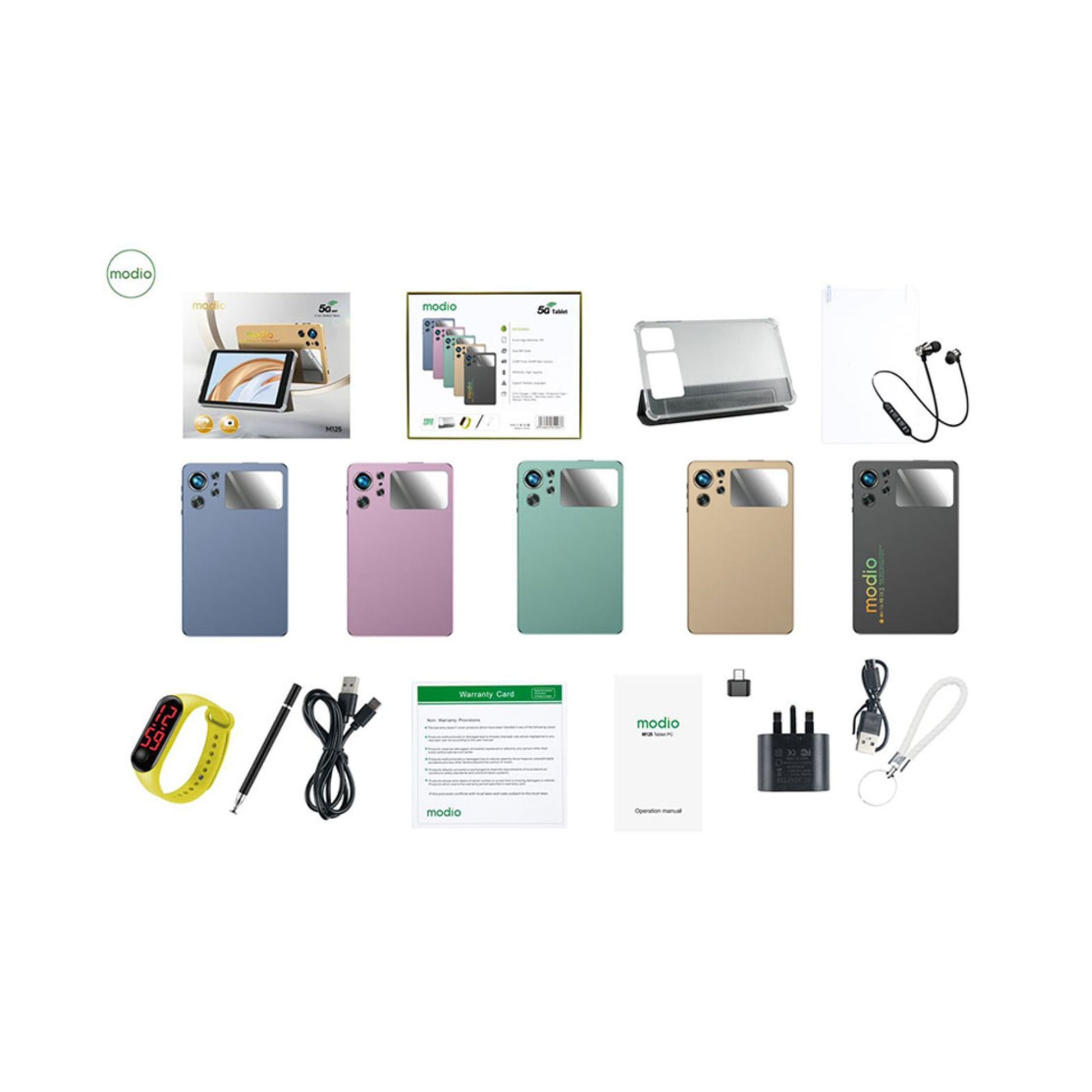 Collection of Modio products including phone cases, a watch, and accessories on a white background.