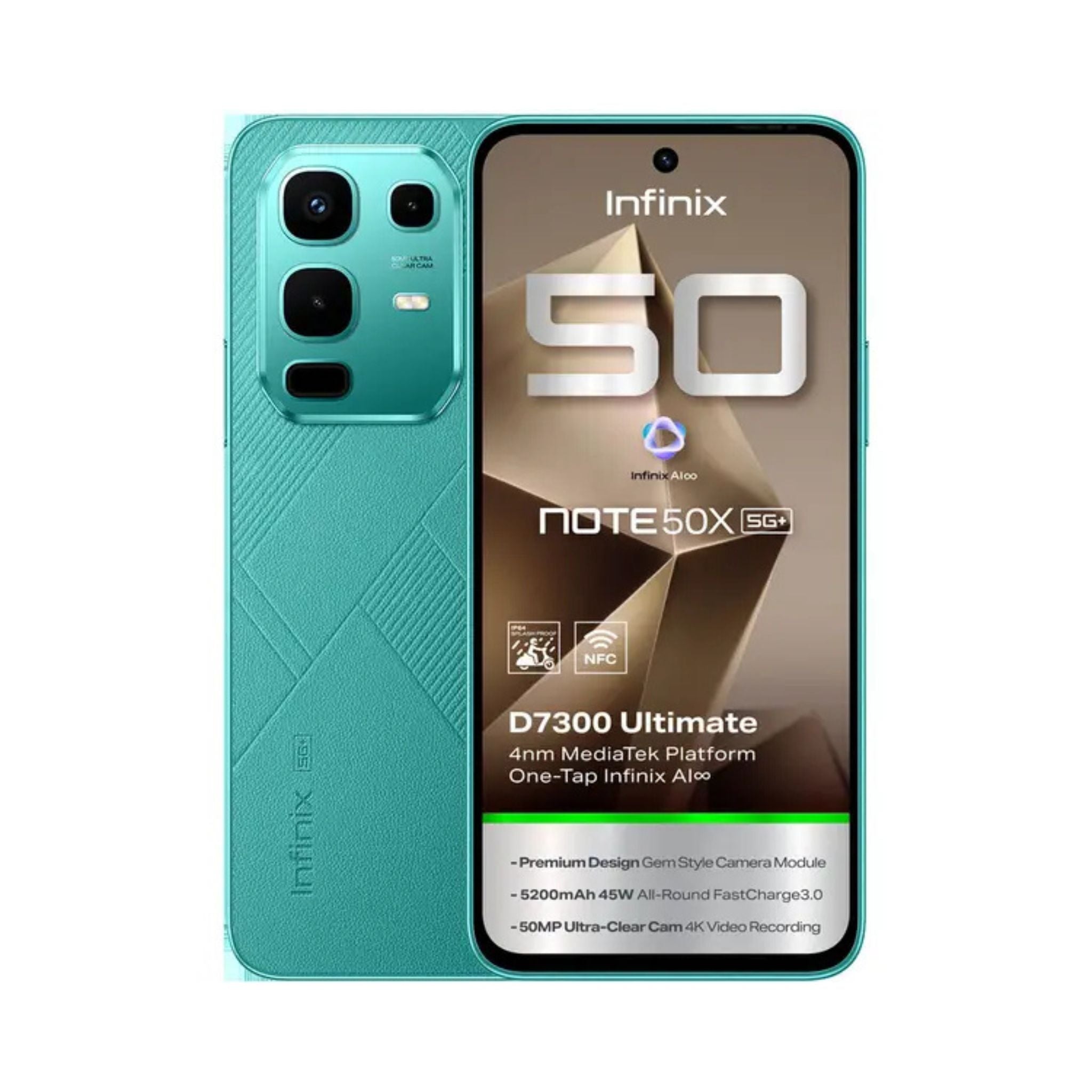 Infinix Note 50X smartphone showing front and back on a white background