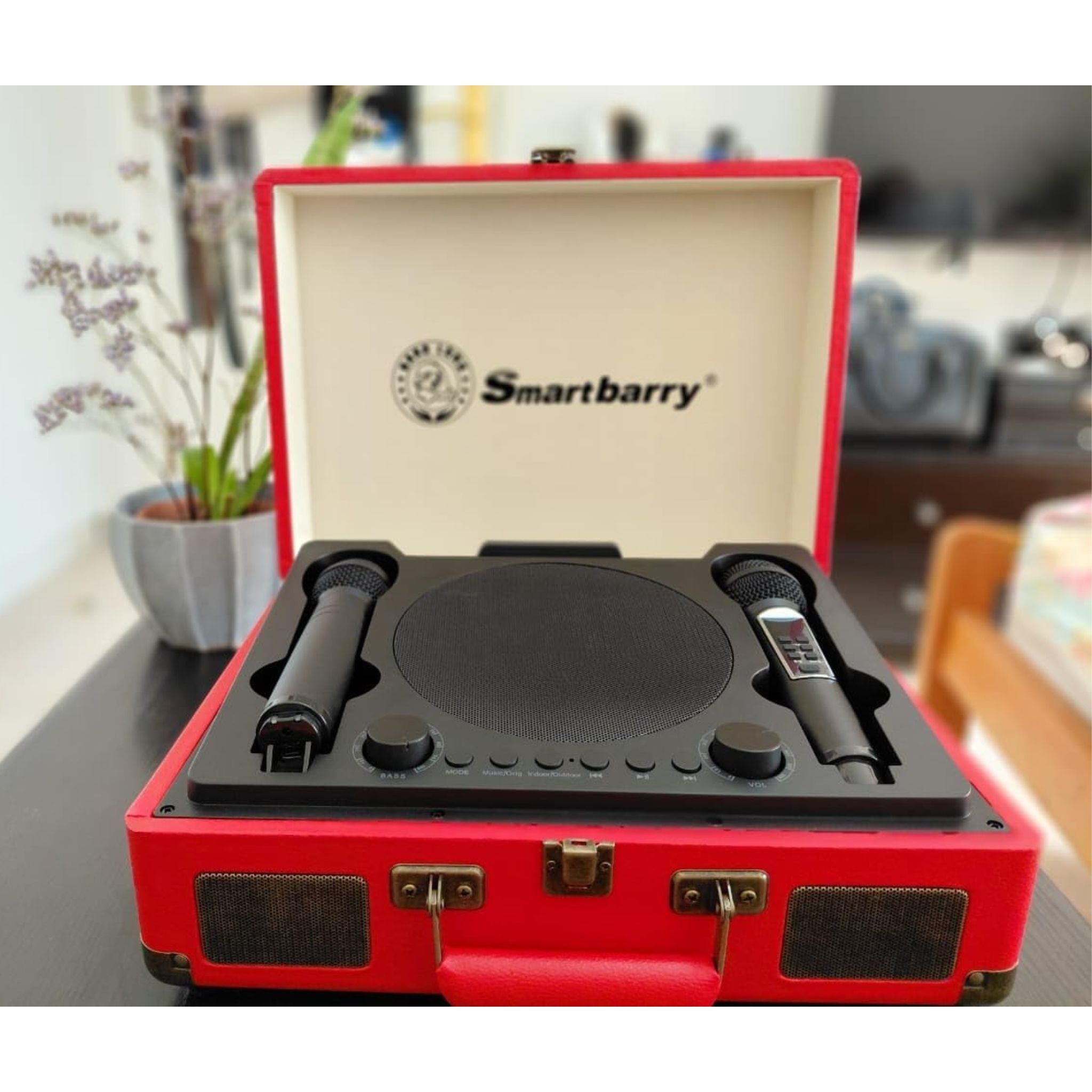 SmartBarry Portable Karaoke Bluetooth Unique SuitCase Speaker with 2 dual Microphones with Karaoke Family/Offering Indoor & Outdoor KTV ECO FRIENDLY & experience in different enviroment- Red