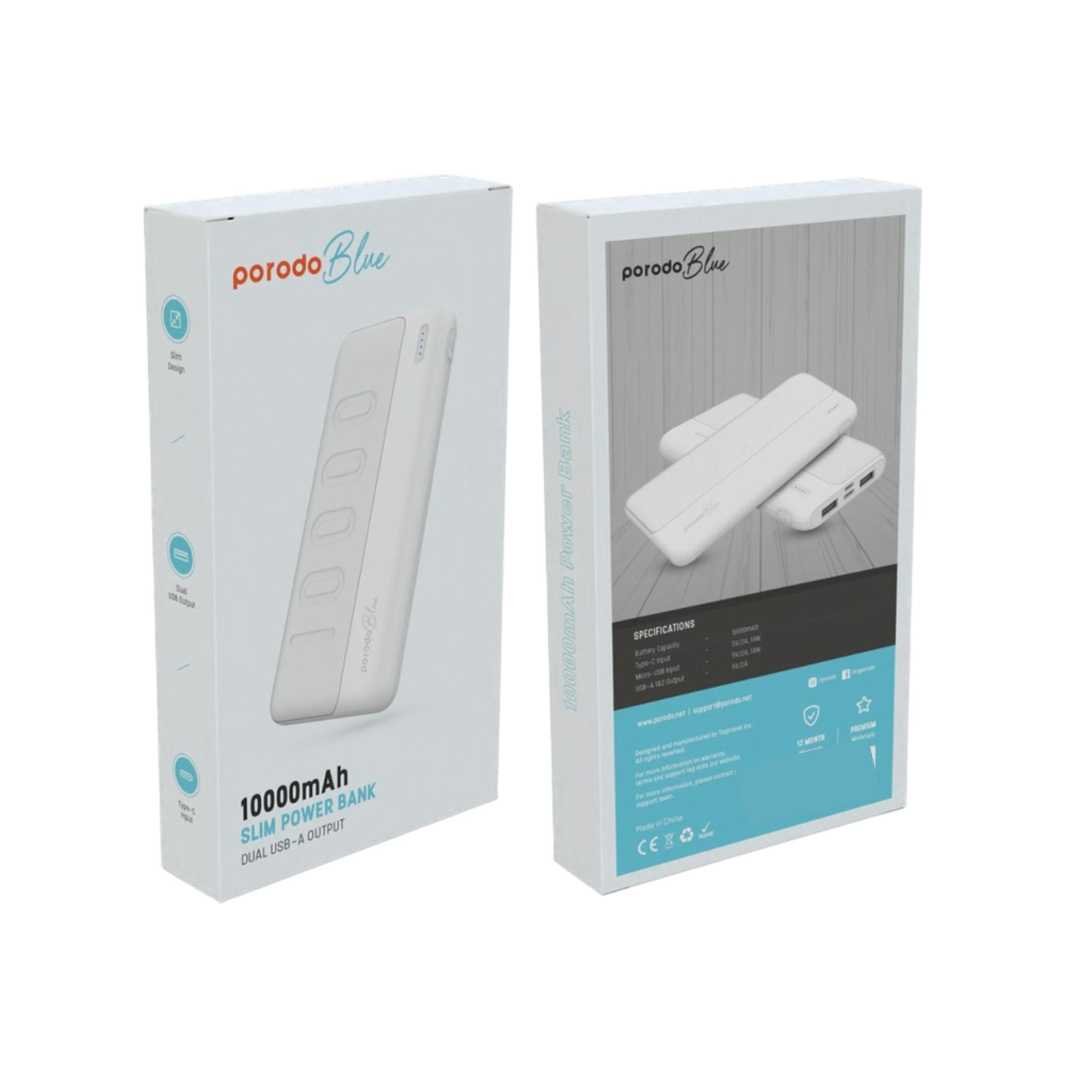 Porodo Blue 10000mAh Slim Power Bank with Dual USB-A Output, Lightweight & Compact Design, Type-C Input, LED Indicator - White