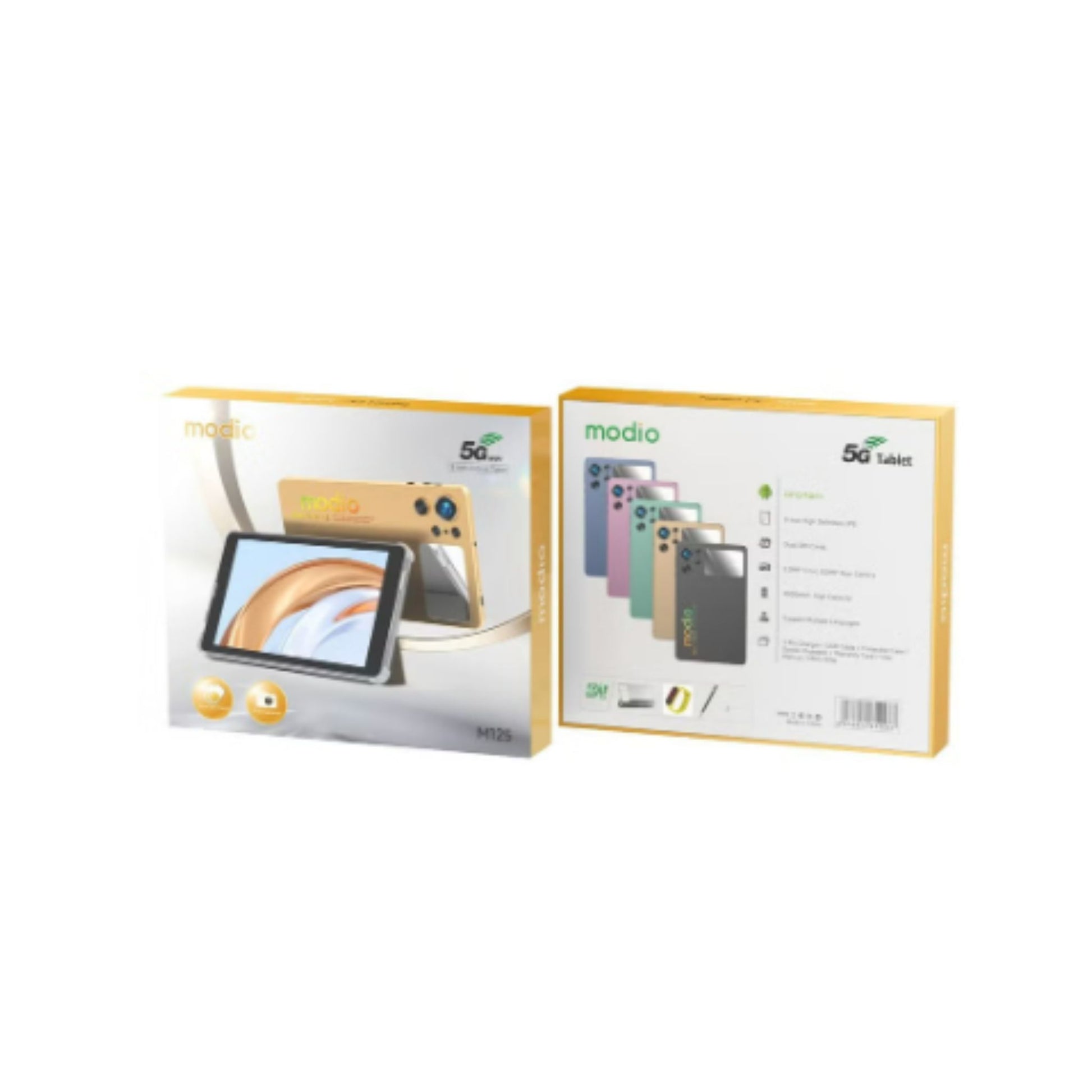 Product packaging with a tablet and smartphone on a white background