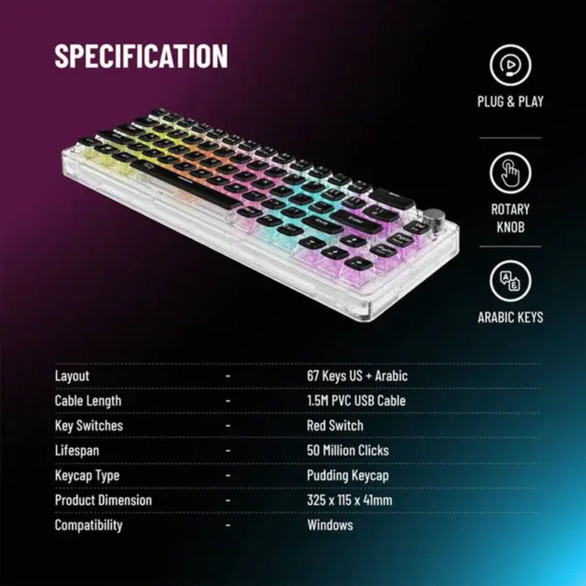 Porodo Gaming Pudding Keycaps Transparent Mechanical Keyboard Multi-Function Rotary Knob With 67 English + Arabic Keys, 50+ Million Clicks Lifespan, 1.5-Meter PVC USB - Transparent