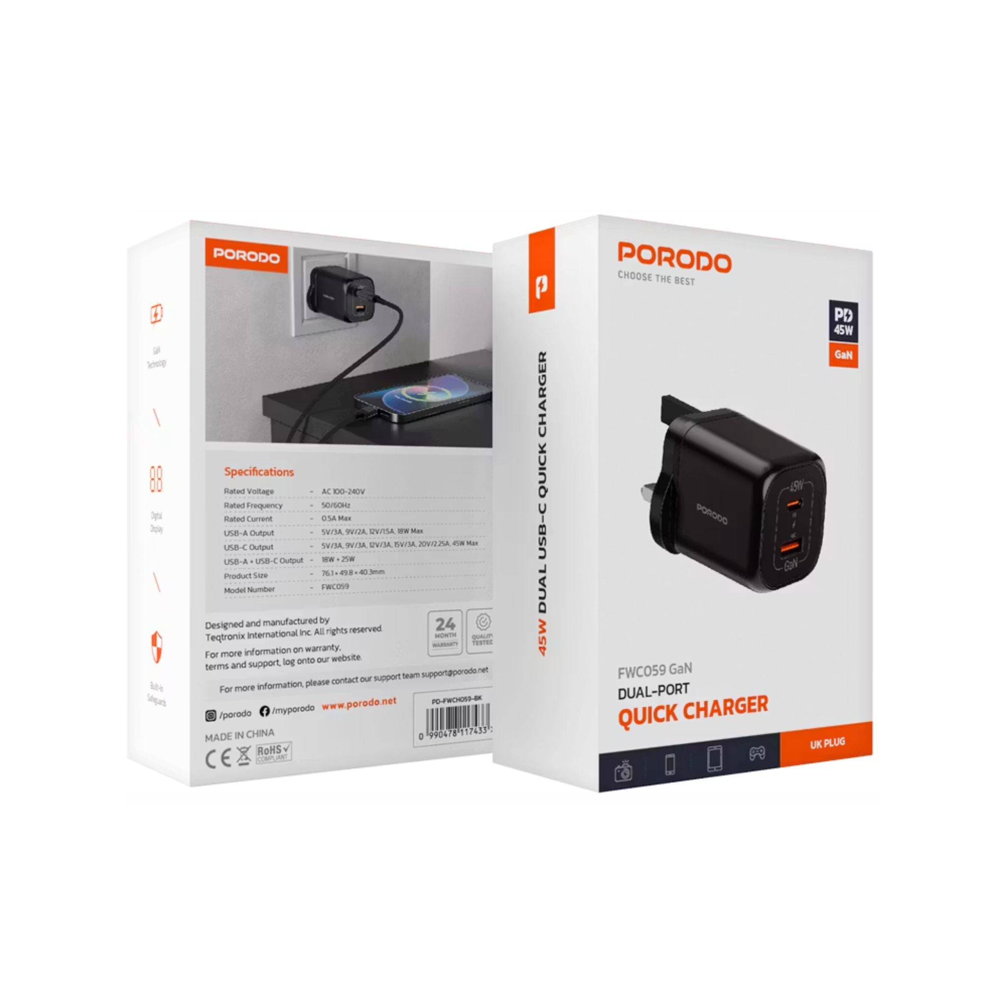 Porodo Dual-Port Quick Wall Charger with 45W Power Delivery, 0.5A Maximum Rated Current, Built-in Safeguards, 3-Pin UK Plug, Simultaneous Charging, GaN Technology - Black