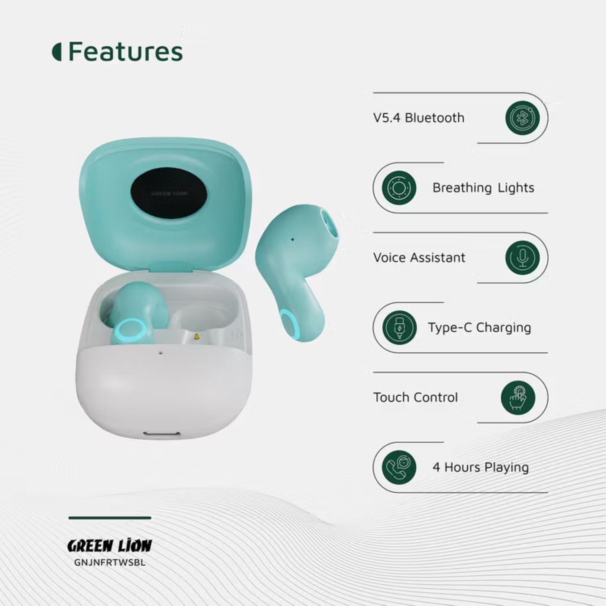 Green Lion Jenifer True Wireless Earbuds TWS, Touch Control, Voice Assistant, Breathing Lights, Clear Call Quality - Sky Blue