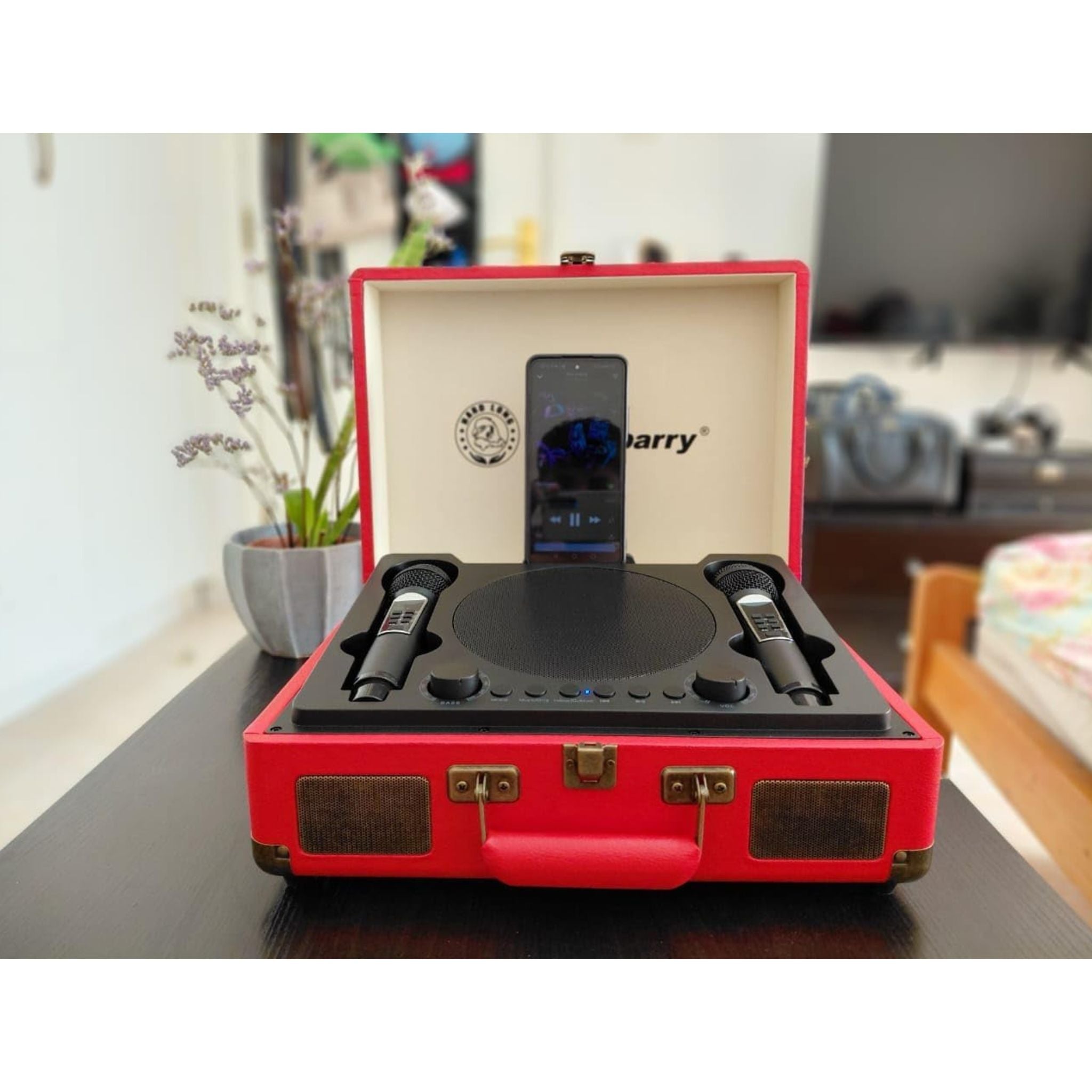SmartBarry Portable Karaoke Bluetooth Unique SuitCase Speaker with 2 dual Microphones with Karaoke Family/Offering Indoor & Outdoor KTV ECO FRIENDLY & experience in different enviroment- Red