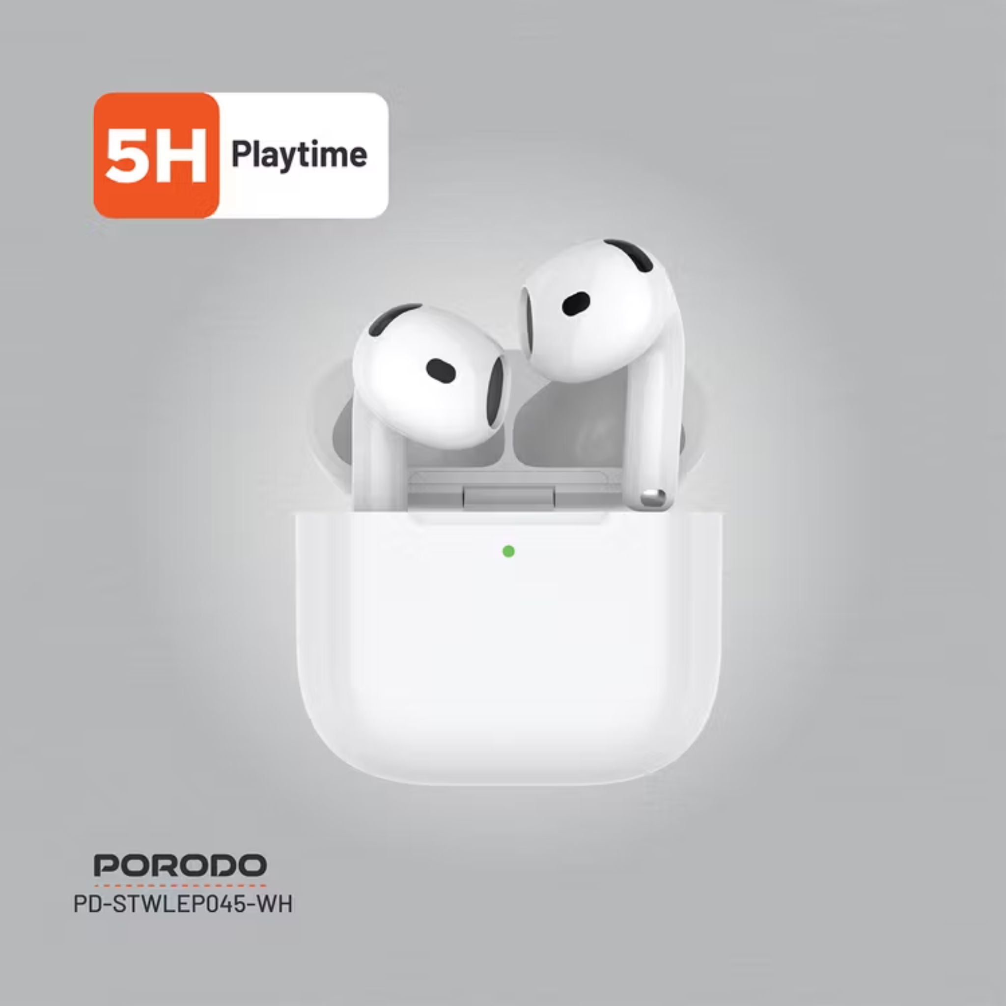 Porodo Soundtec Earbuds Gen 4 with Environmental Noise Cancellation, 5 Hours Play Time, 25m Transmission Range, Touch Control, Wireless Charging - White