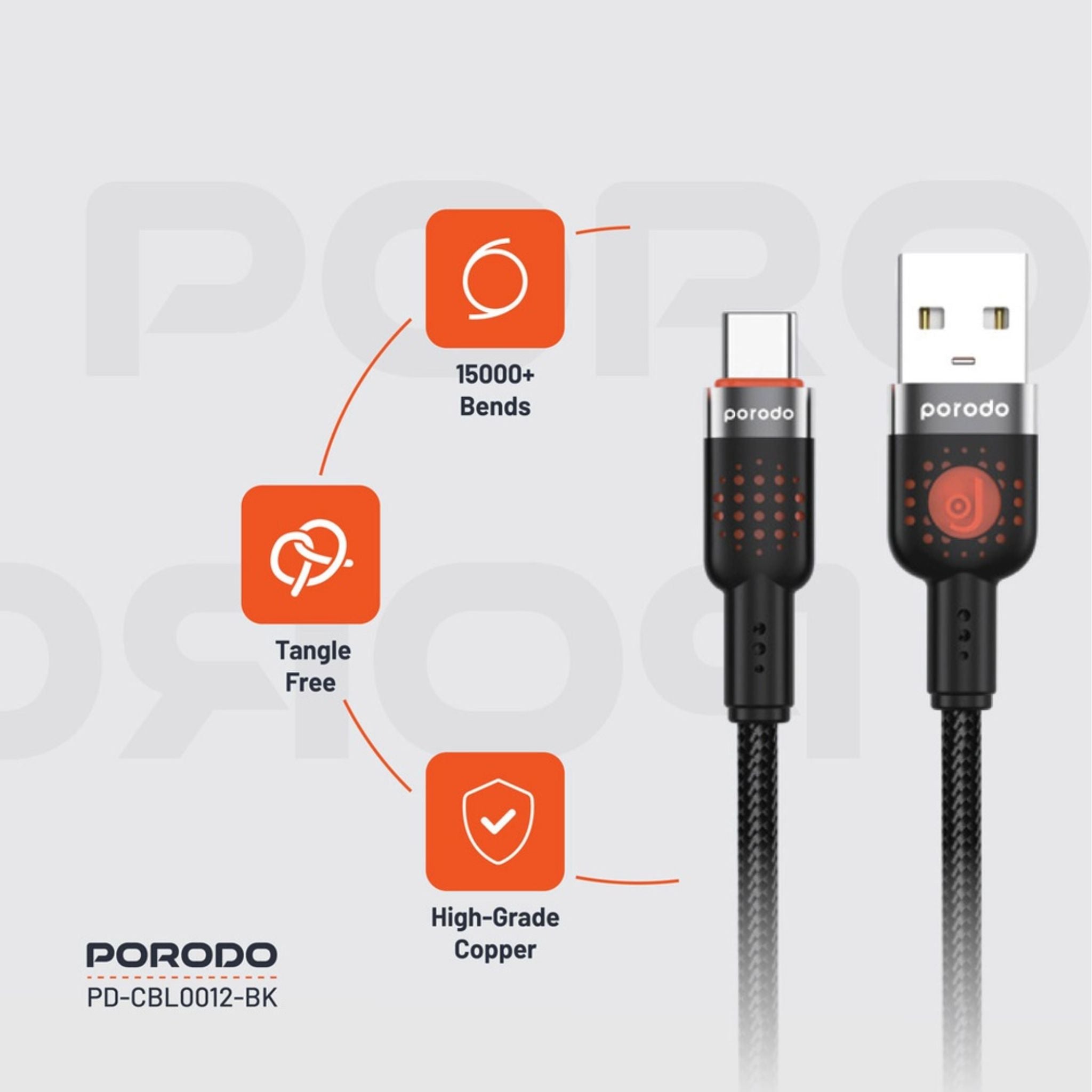 Porodo Braided USB-A to Type-C Cable with 480Mbps Transfer Speed, 1.2m Cable Length, More than 15,000 Bends Lifespan, Tangle-Free Design - Black