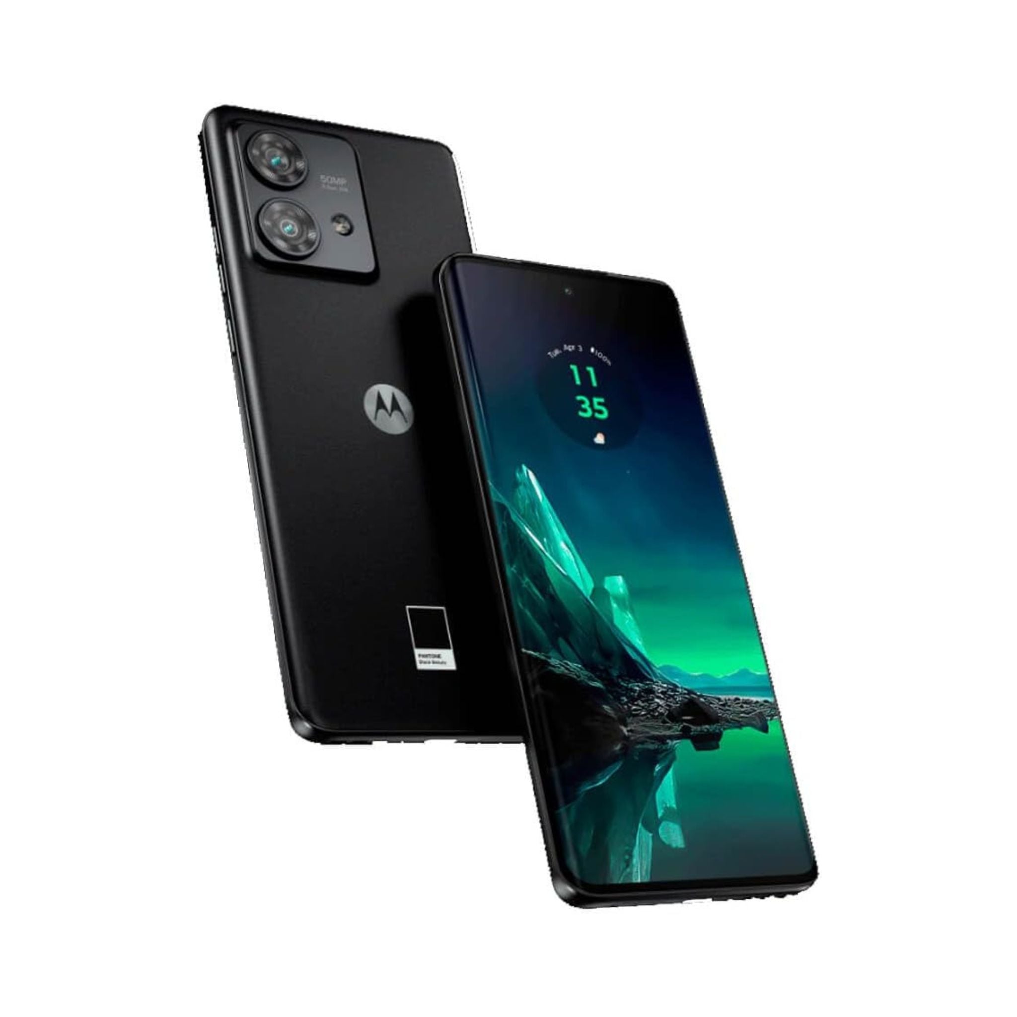 Black smartphone with a green screen display on a white background