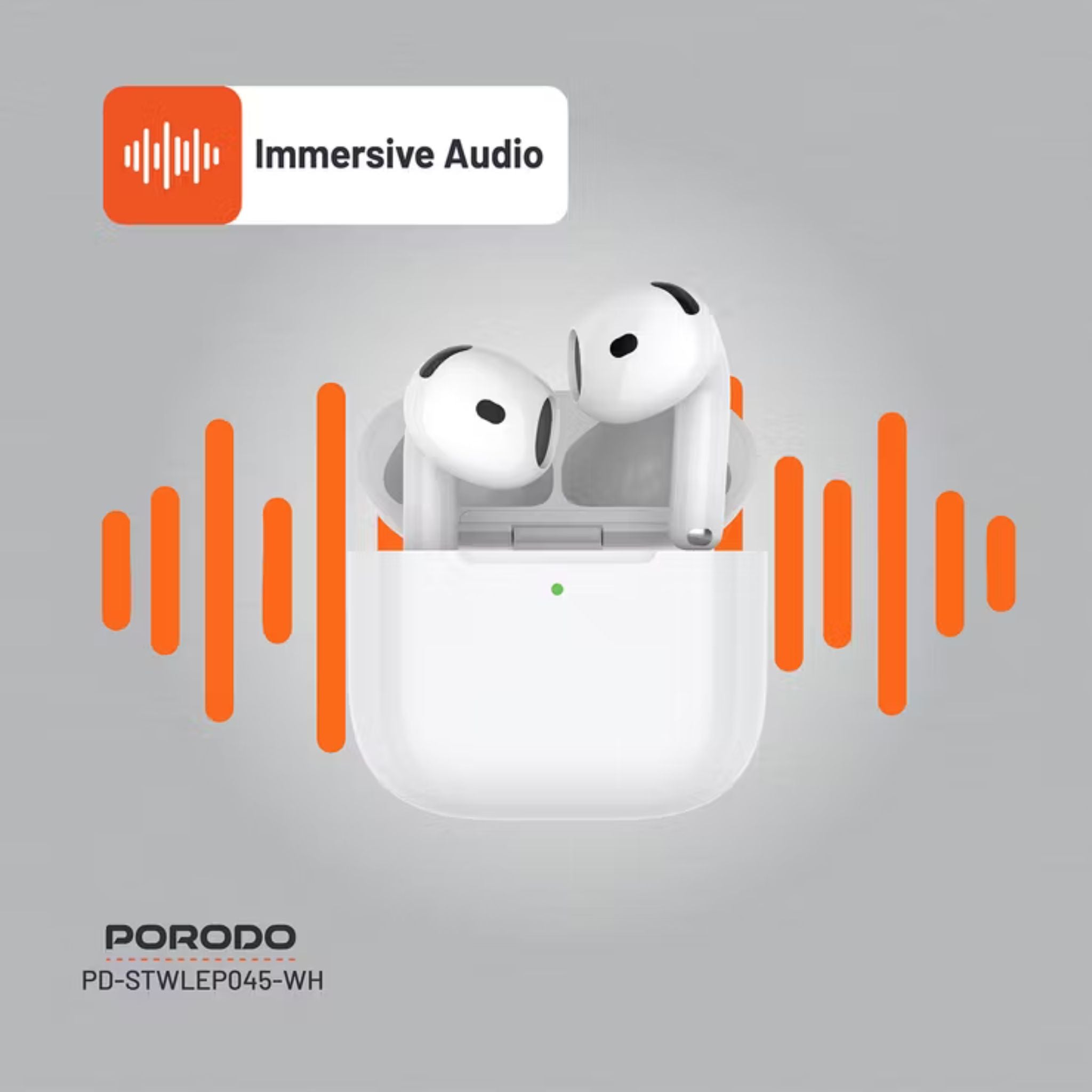 Porodo Soundtec Earbuds Gen 4 with Environmental Noise Cancellation, 5 Hours Play Time, 25m Transmission Range, Touch Control, Wireless Charging - White