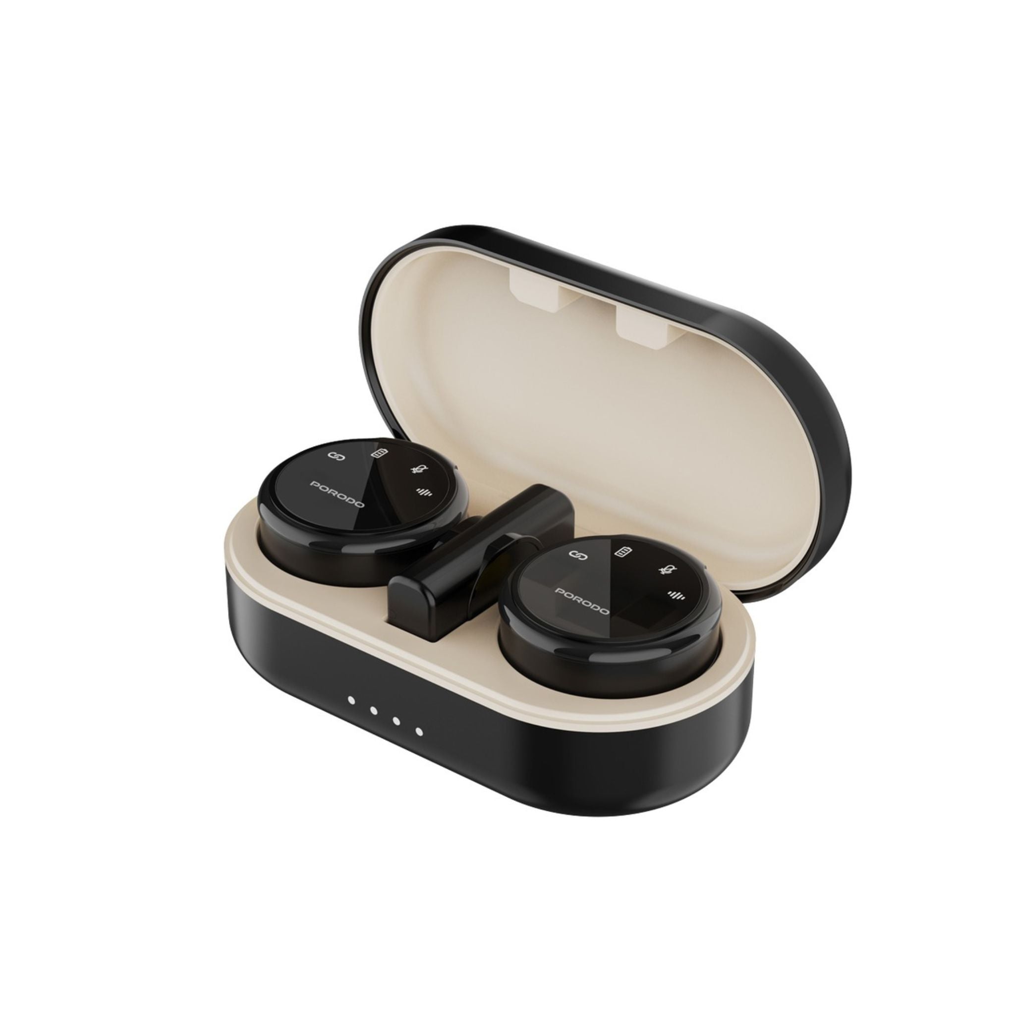 Porodo Lavalier Wireless Dual Mic with charging case: up to 24h use, ≤20ms latency, 2.4GHz digital freq, 600mAh case, Type-C + Lightning adapter, plug & play, magnetic clips, low latency, clear audio_Black