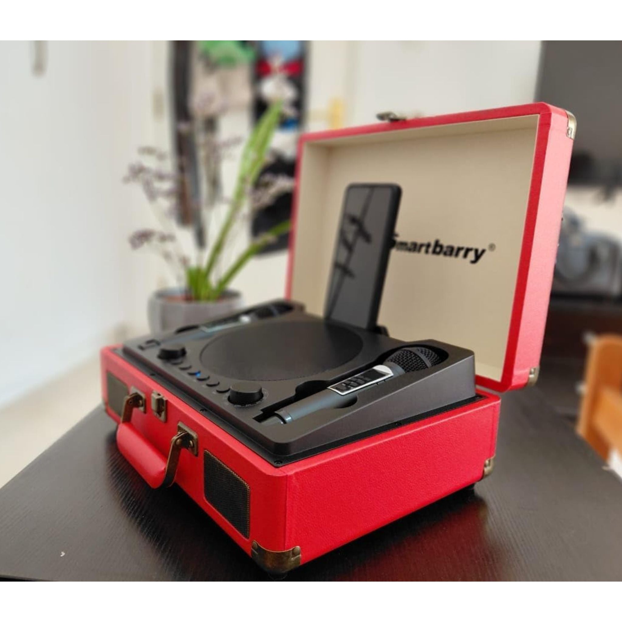 SmartBarry Portable Karaoke Bluetooth Unique SuitCase Speaker with 2 dual Microphones with Karaoke Family/Offering Indoor & Outdoor KTV ECO FRIENDLY & experience in different enviroment- Red