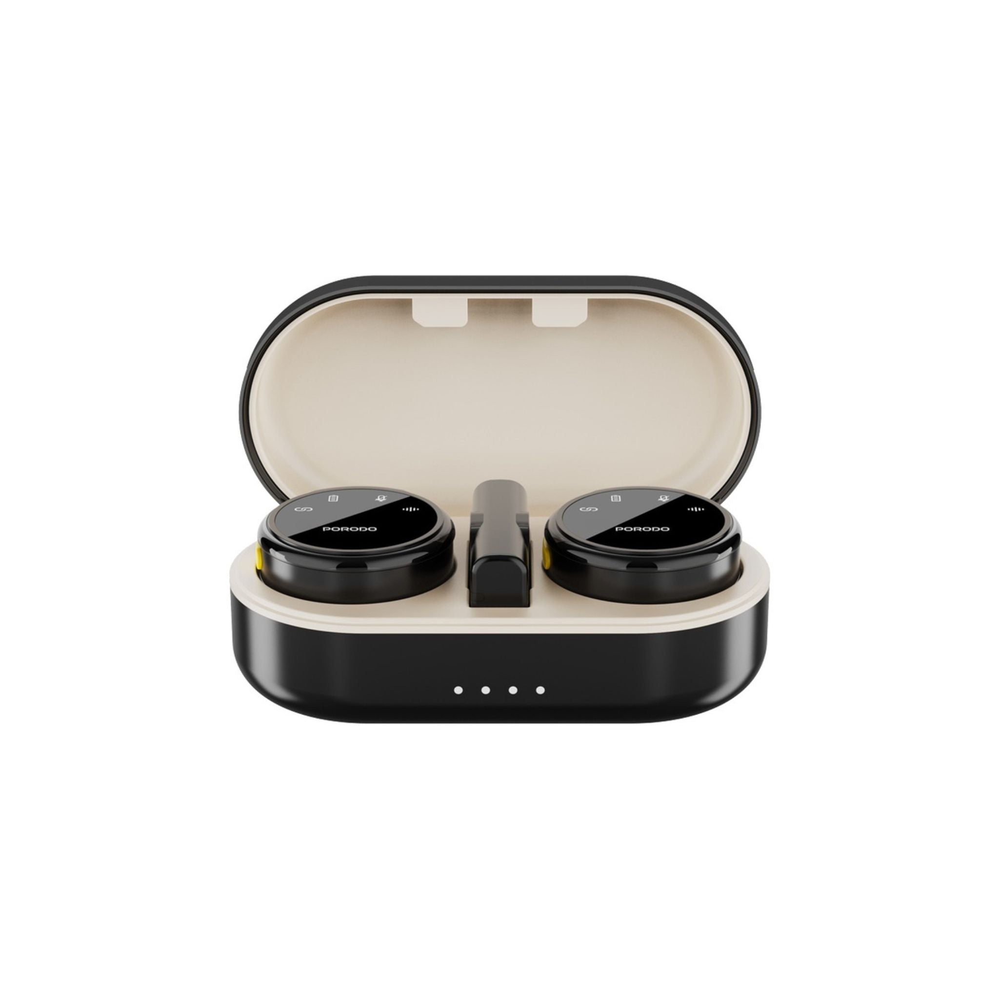 Porodo Lavalier Wireless Dual Mic with charging case: up to 24h use, ≤20ms latency, 2.4GHz digital freq, 600mAh case, Type-C + Lightning adapter, plug & play, magnetic clips, low latency, clear audio_Black