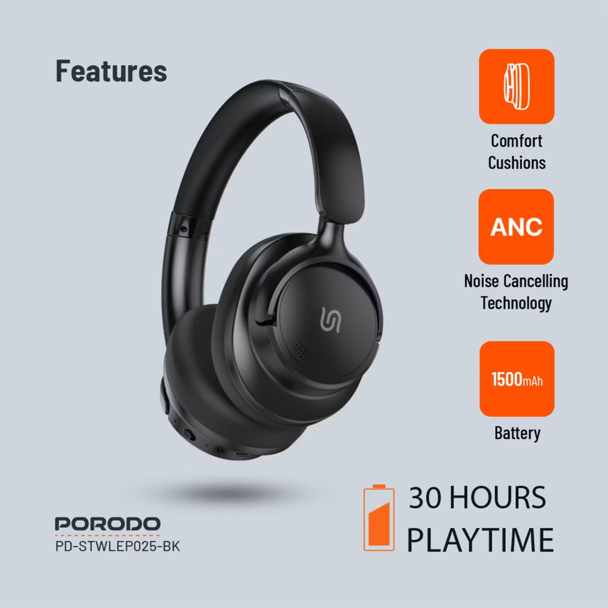 Porodo Soundtec Zen Active Noise-Cancellation Headphones with Bluetooth Version 5.3, 300mAh Battery Capacity, 30 Hours Play Time, Type-C Charging Port, 2 Hours Recharge Time, Comfortable Cushions - Black