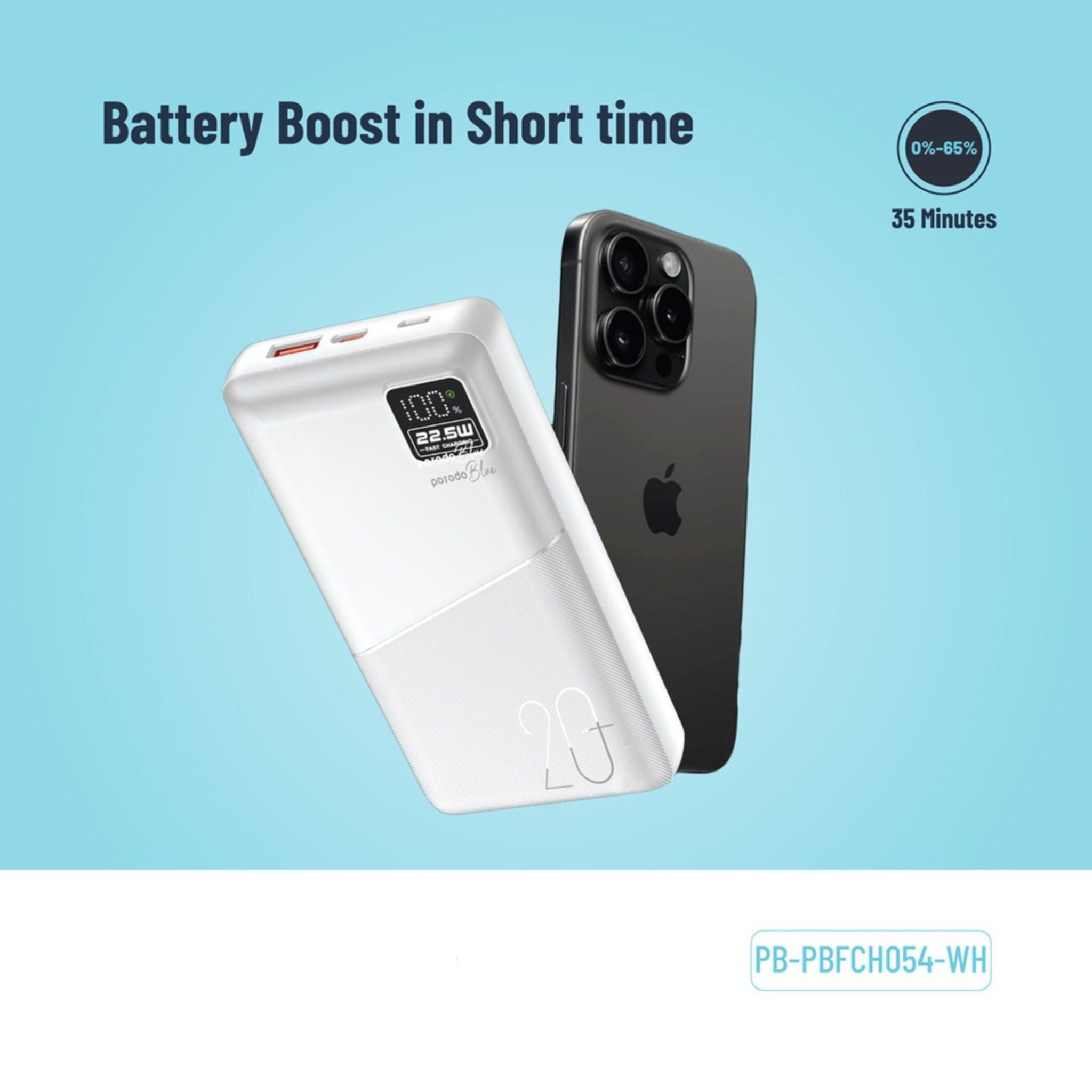 Porodo Blue Quick Charge Power Bank with USB-A & USB-C Outputs, 20000mAh Battery Capacity, Digital Display, 20W Power Delivery - White
