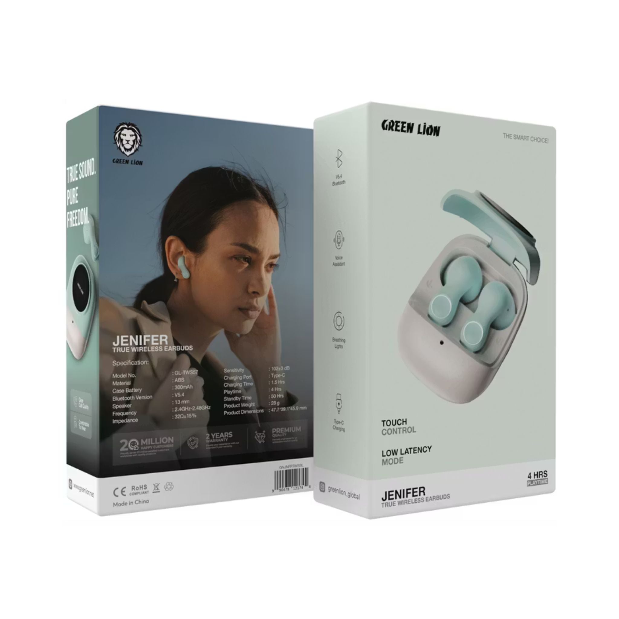 Green Lion Jenifer True Wireless Earbuds TWS, Touch Control, Voice Assistant, Breathing Lights, Clear Call Quality - Sky Blue