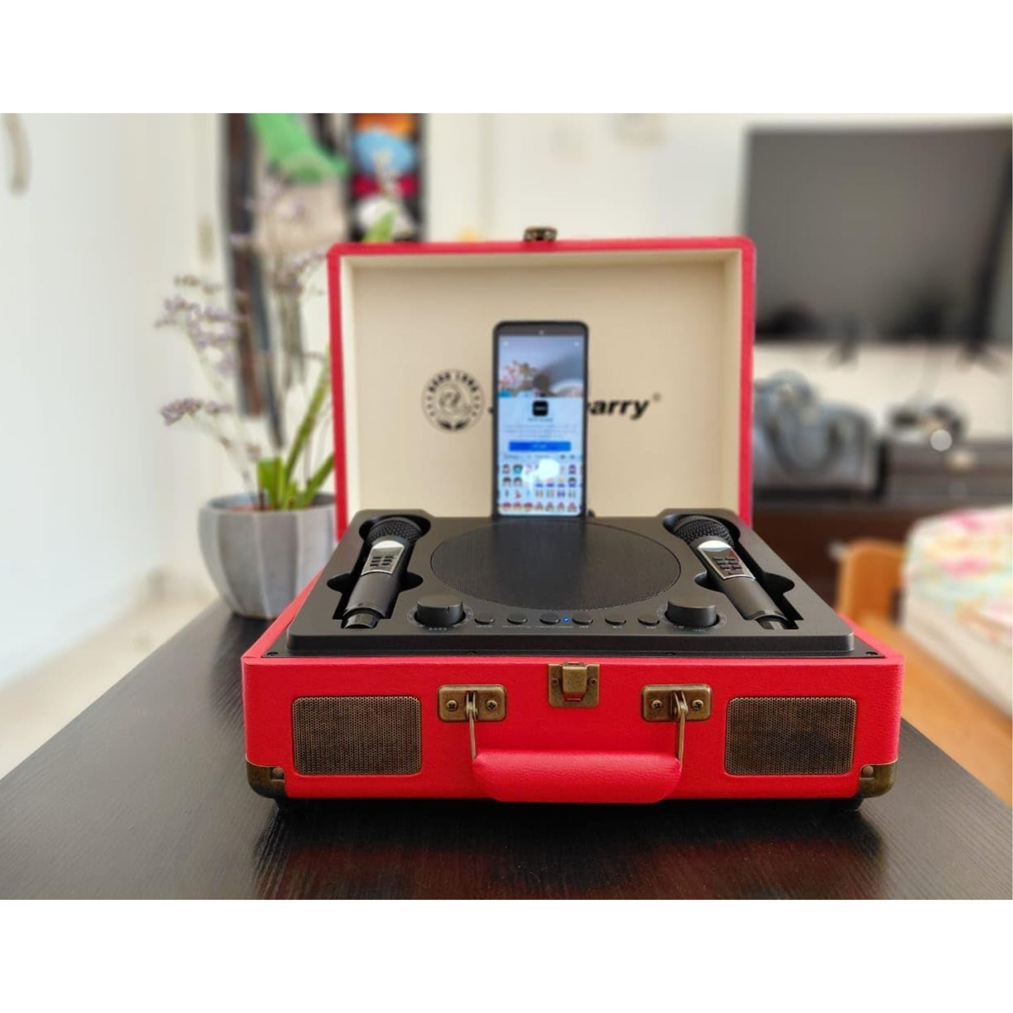 SmartBarry Portable Karaoke Bluetooth Unique SuitCase Speaker with 2 dual Microphones with Karaoke Family/Offering Indoor & Outdoor KTV ECO FRIENDLY & experience in different enviroment- Red