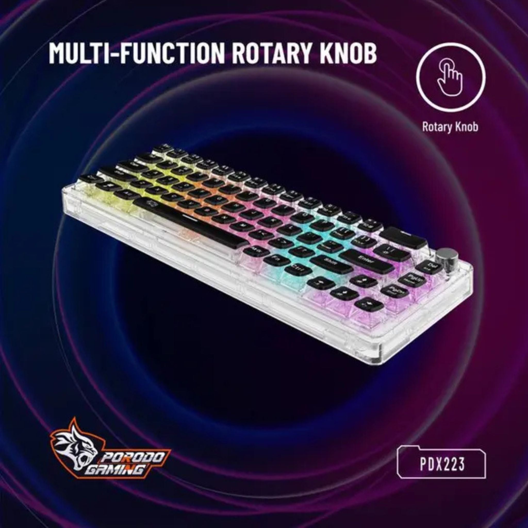 Porodo Gaming Pudding Keycaps Transparent Mechanical Keyboard Multi-Function Rotary Knob With 67 English + Arabic Keys, 50+ Million Clicks Lifespan, 1.5-Meter PVC USB - Transparent
