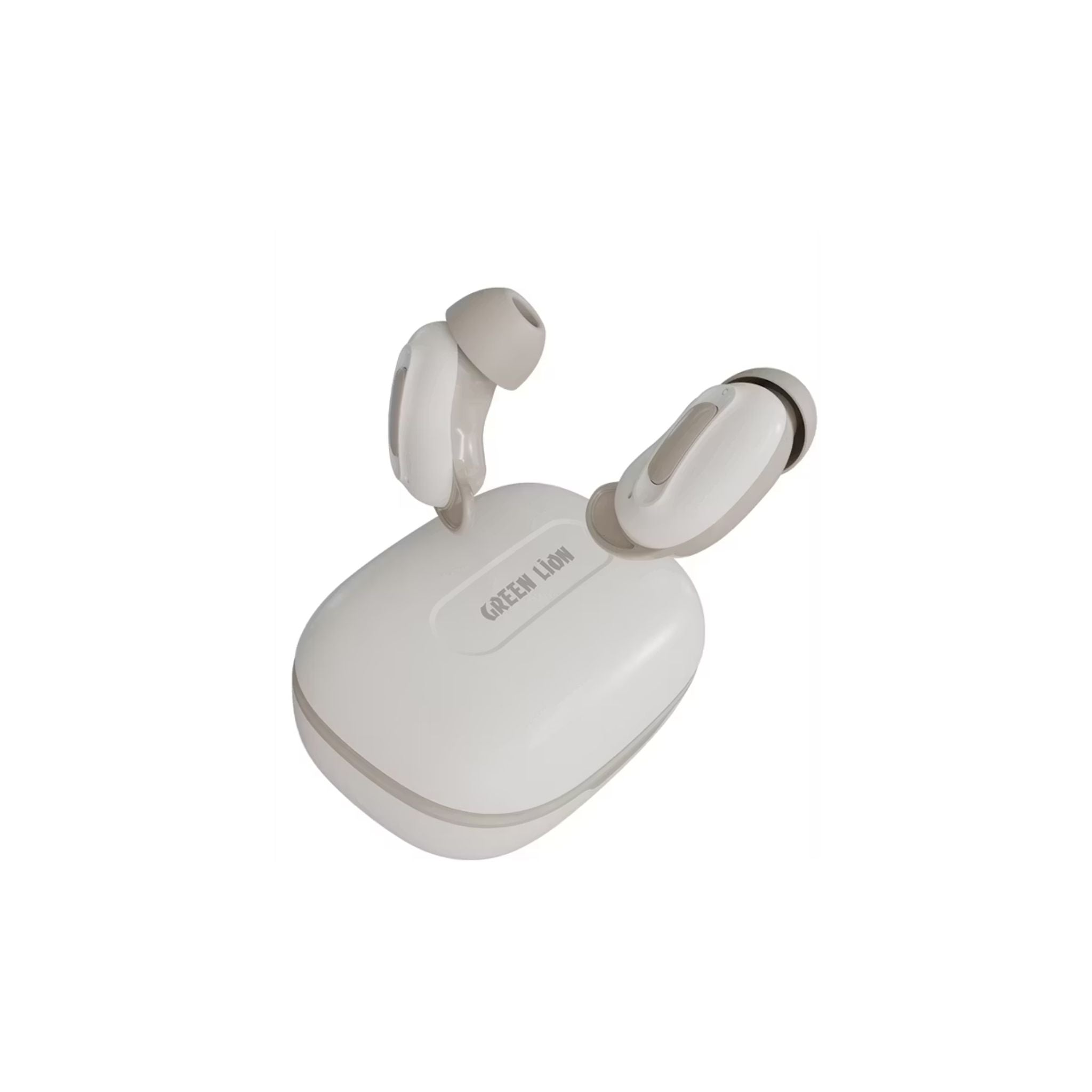 White wireless earbuds with charging case on a white background