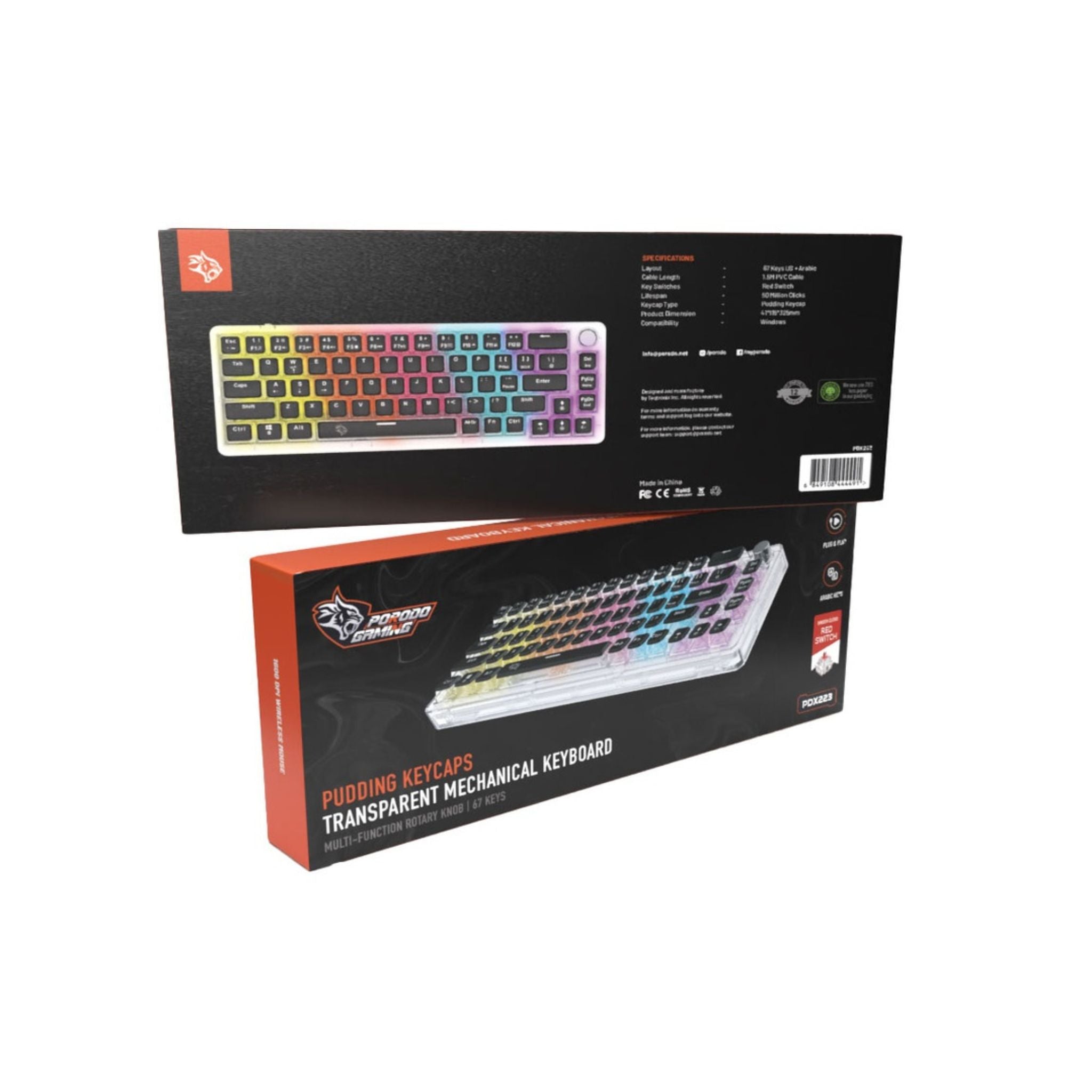 Porodo Gaming Pudding Keycaps Transparent Mechanical Keyboard Multi-Function Rotary Knob With 67 English + Arabic Keys, 50+ Million Clicks Lifespan, 1.5-Meter PVC USB - Transparent